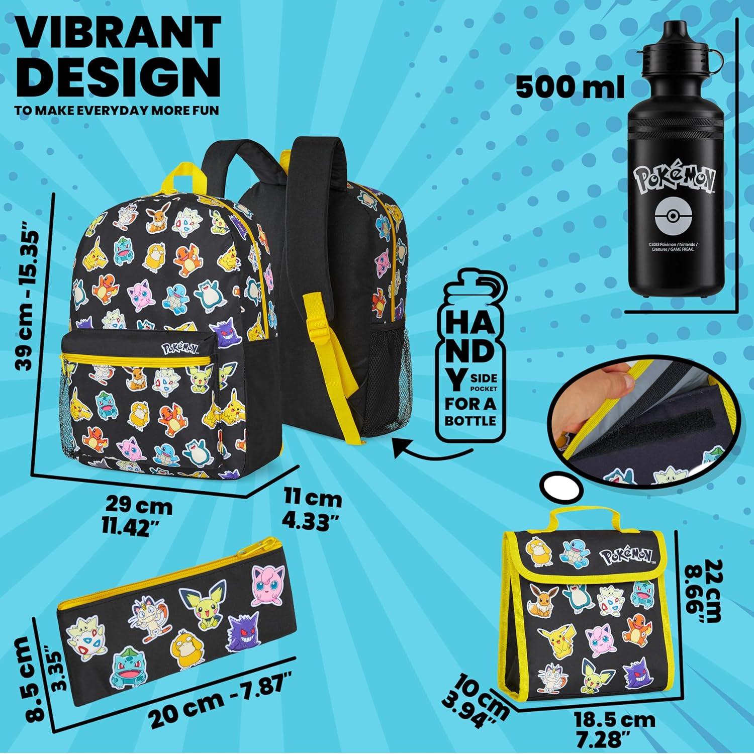 Conjunto Mochila Pokémon 4 Piezas Niños - Estuche, Botella, Almuerzo