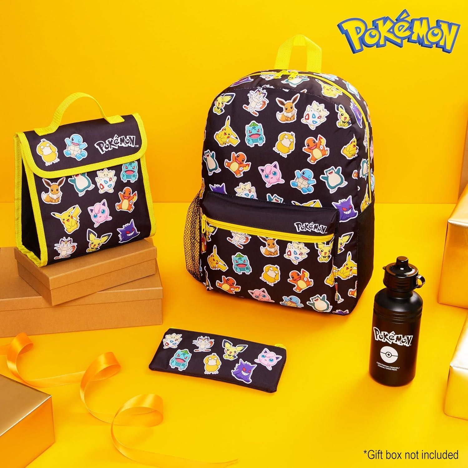 Conjunto Mochila Pokémon 4 Piezas Niños - Estuche, Botella, Almuerzo
