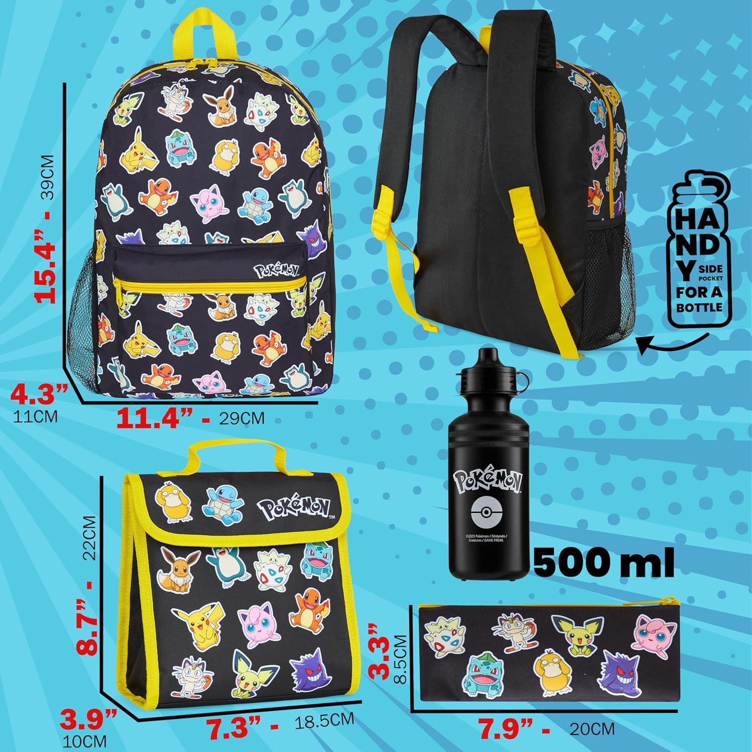 Conjunto Mochila Pokémon 4 Piezas Niños - Estuche, Botella, Almuerzo