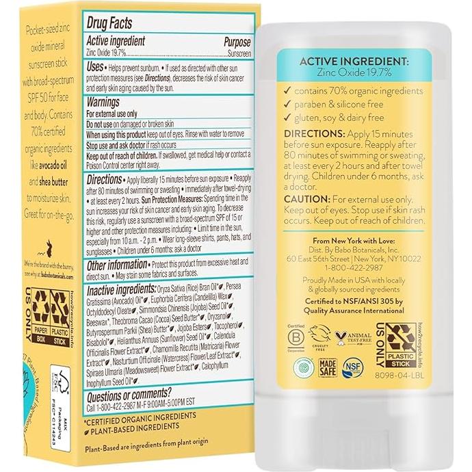 Protector Solar Stick Babo Botanicals SPF 50 - 17g - Orgánico