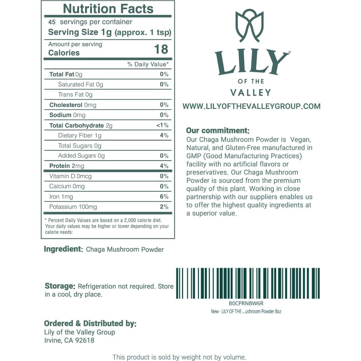 Polvo de Hongo Chaga LIRIO DEL VALLE 226g - Superalimento Vegano