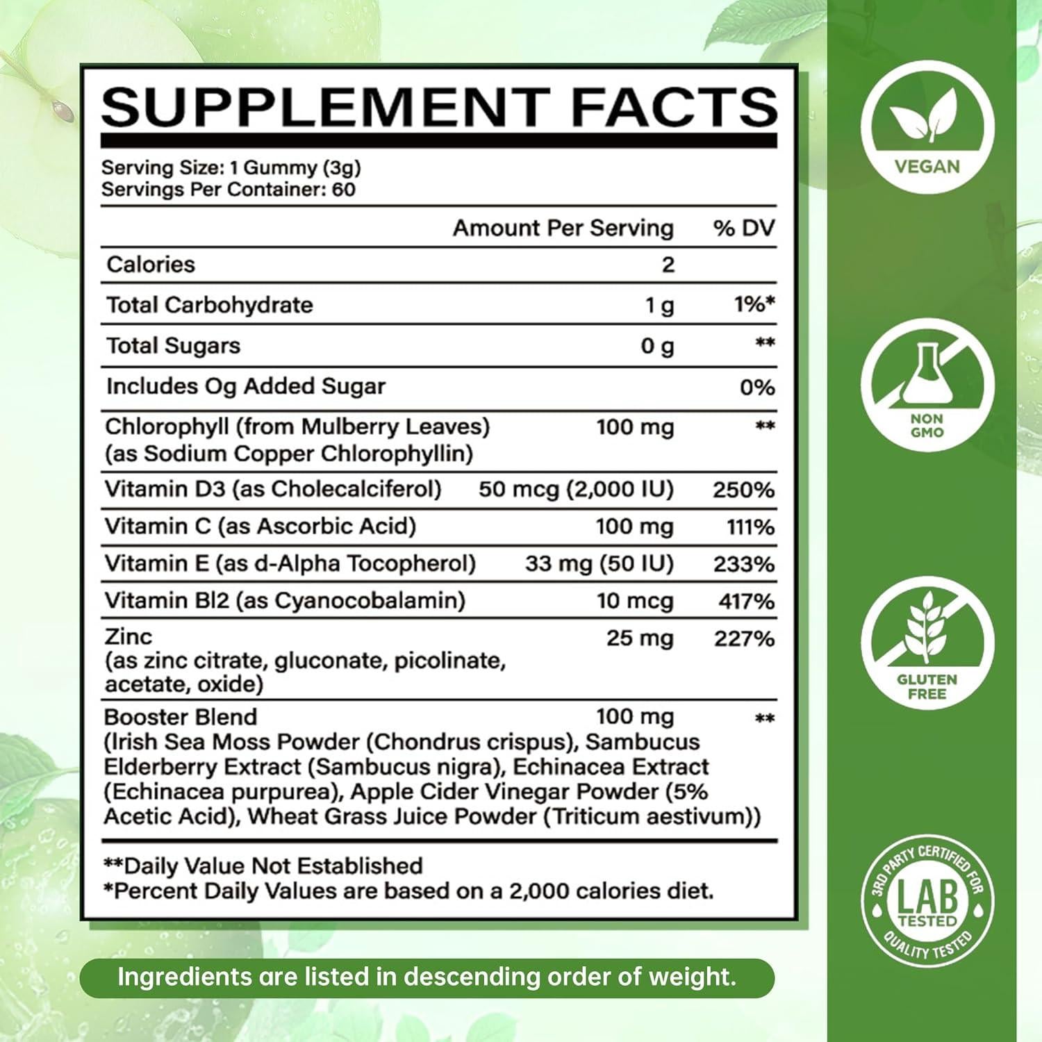 Gomitas de Clorofila NutraTaste 60 Unidades Sabor Manzana Verde