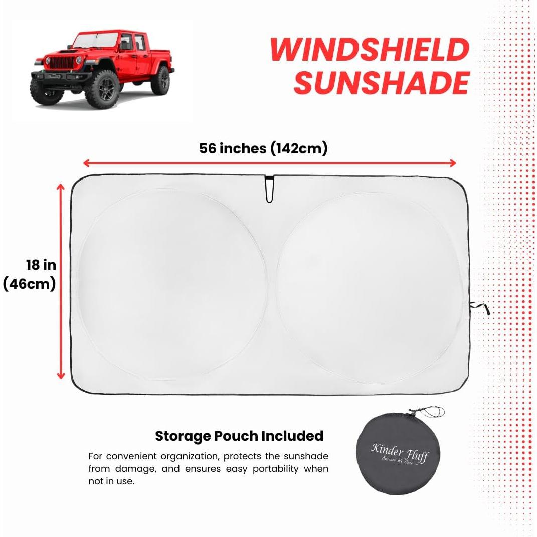kinder Fluff Patented Windshield Sun Shade for Jeeps | Certified Car Window Shade Blocks 99.9% UVR | Auto Accessories Cover for Wrangler, Gladiator, Rubicon | Thick Screen Sunshield - XXXS (56x18in)