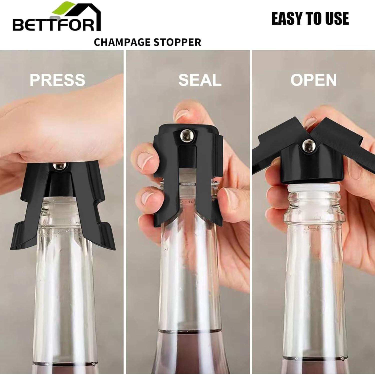 Tapones para Champagne Acero Inoxidable y Silicona 1 Paquete Negro