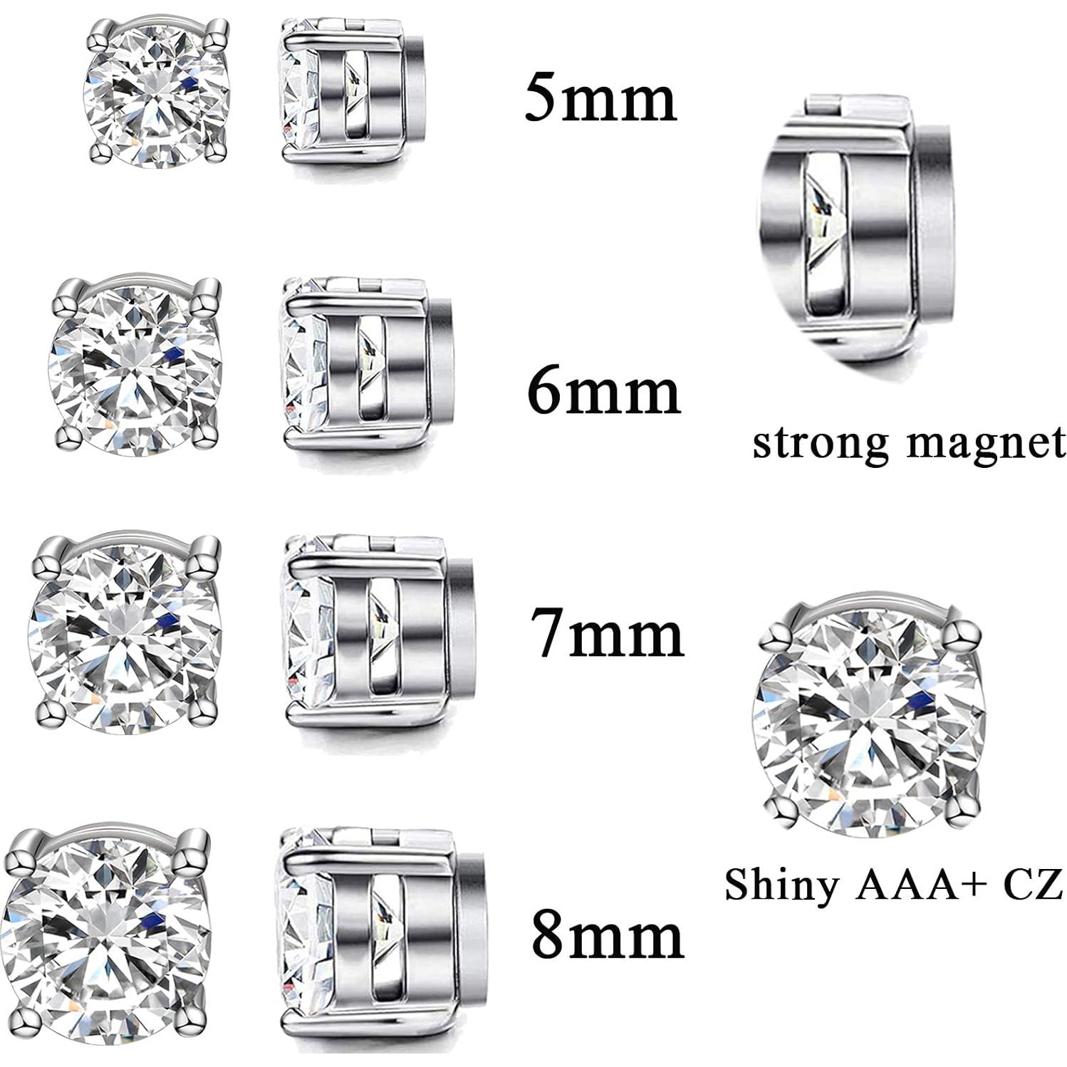 WAINIS 8 Pairs Stainless Steel Magnetic Stud Earrings for Men Women Non-piercing CZ Hypoallergenic Earrings 5-8mm