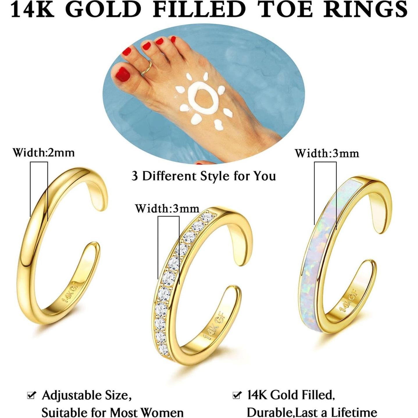 Juego de 3 Anillos de Dedo Oro 14K Jstyle Ajustables para Mujeres