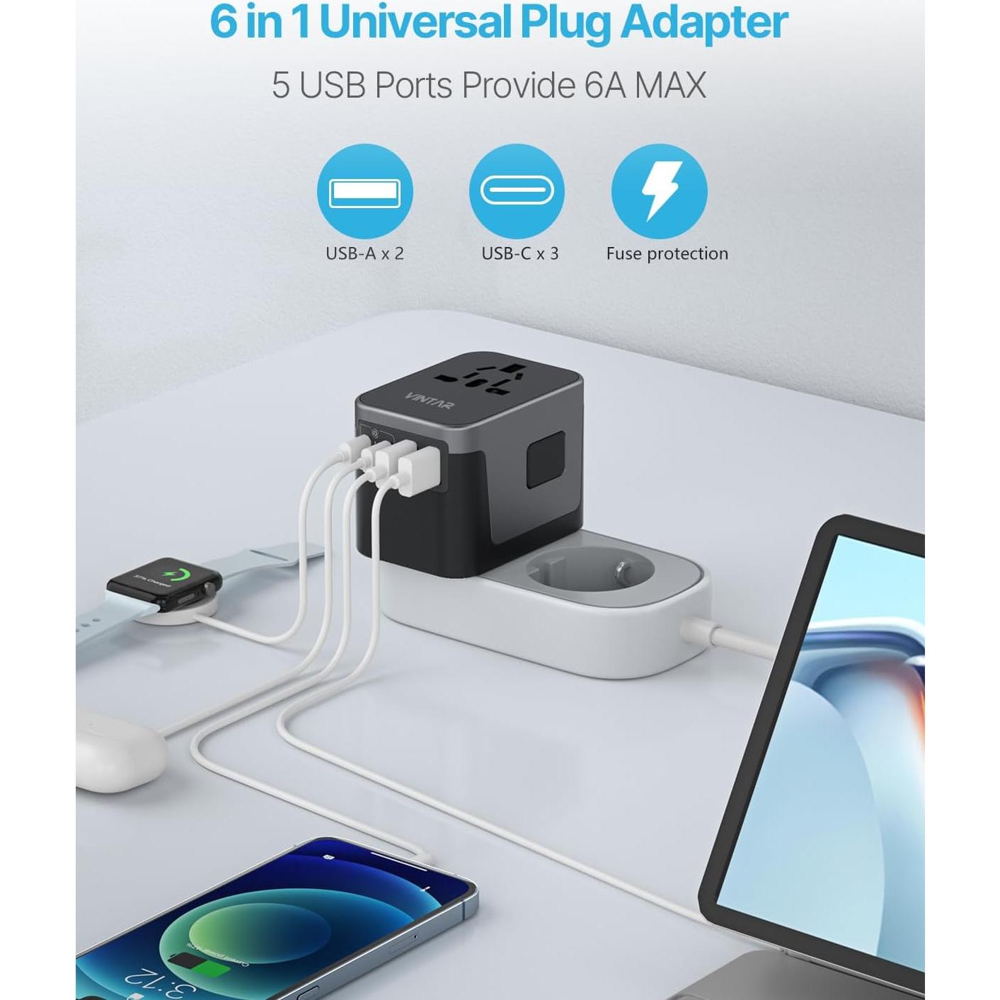 Adaptador de Viaje Universal VINTAR 6A 5 Puertos USB 30W