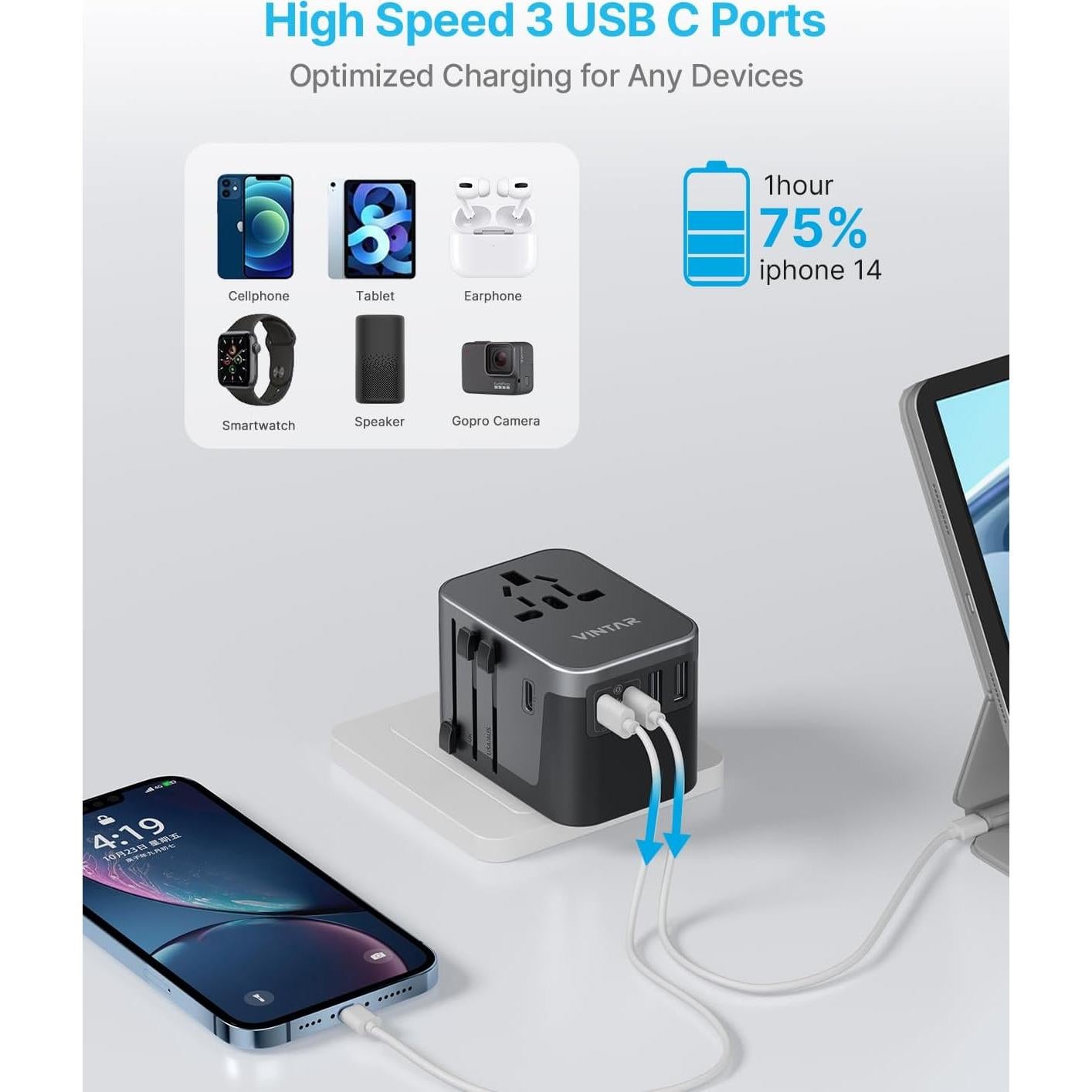 Adaptador de Viaje Universal VINTAR 6A 5 Puertos USB 30W