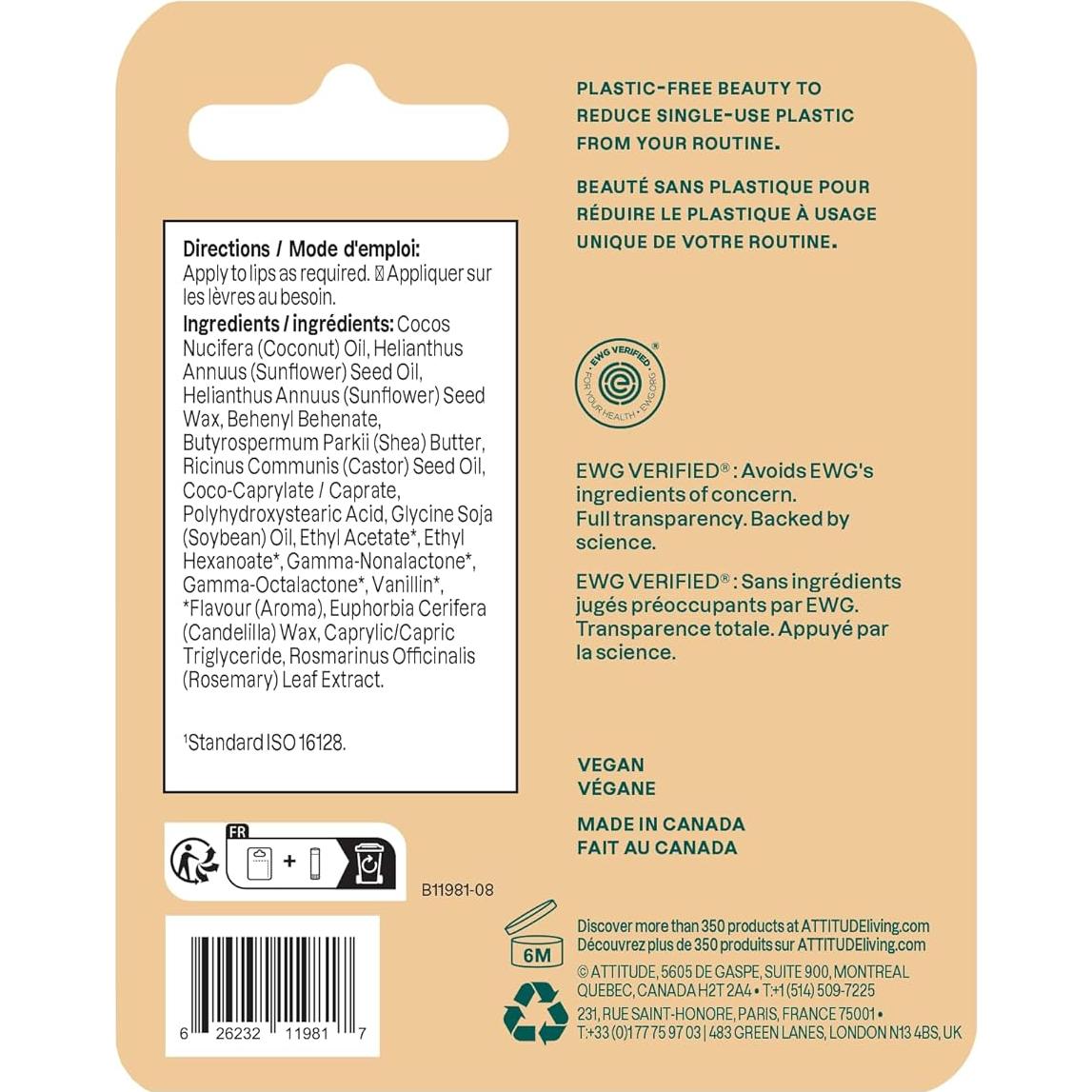 Bálsamo Labial ATTITUDE Coco 8.5g Natural Vegano EWG