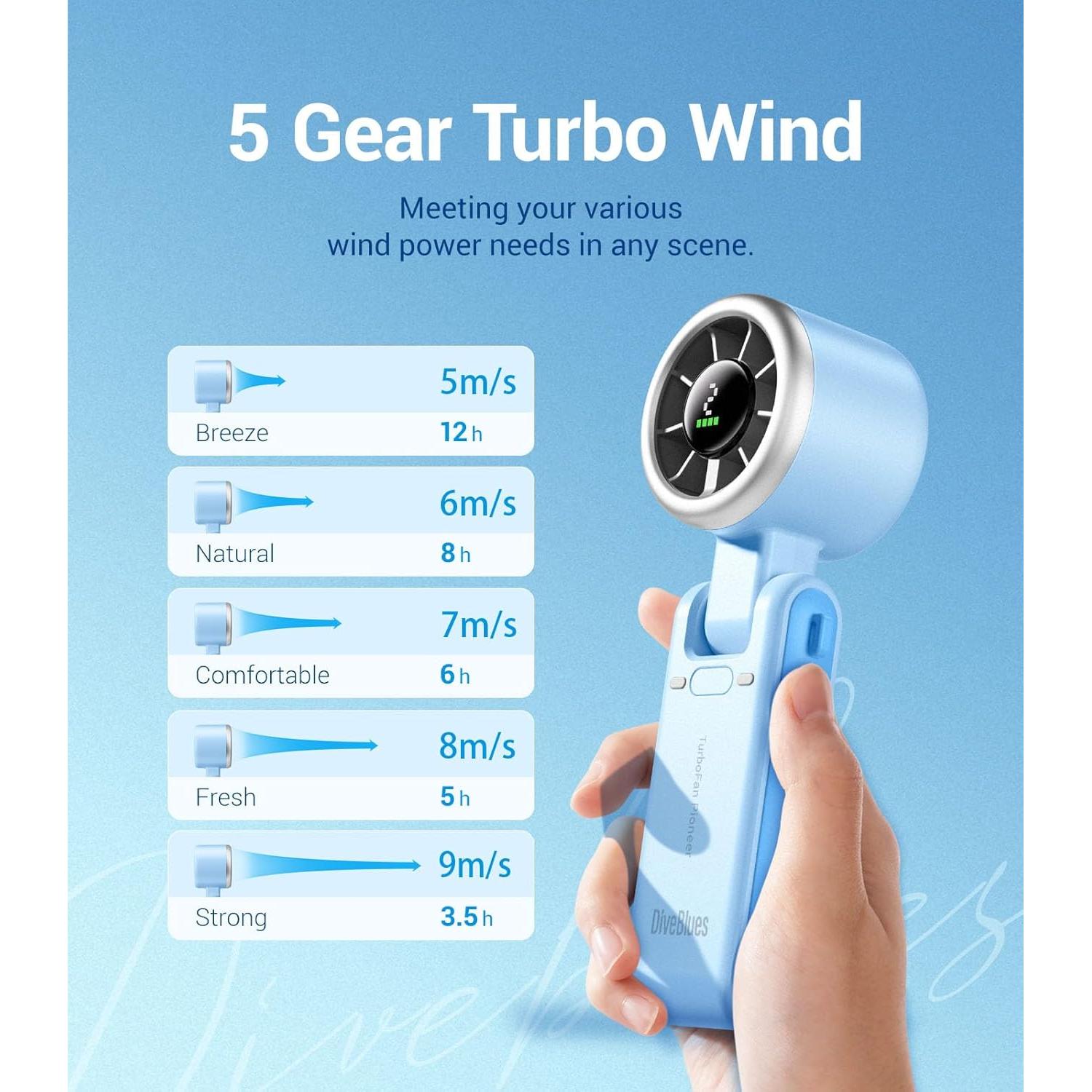 Ventilador Turbo Portátil Diveblues N607D, 5 Velocidades, 12h Batería