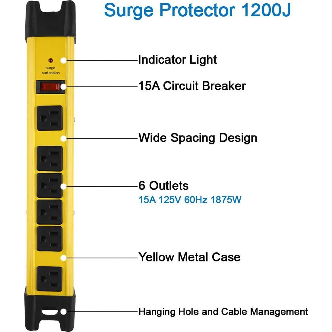 Regleta de Sobretensión CCCEI 6 Enchufes 15A 1200J Amarillo