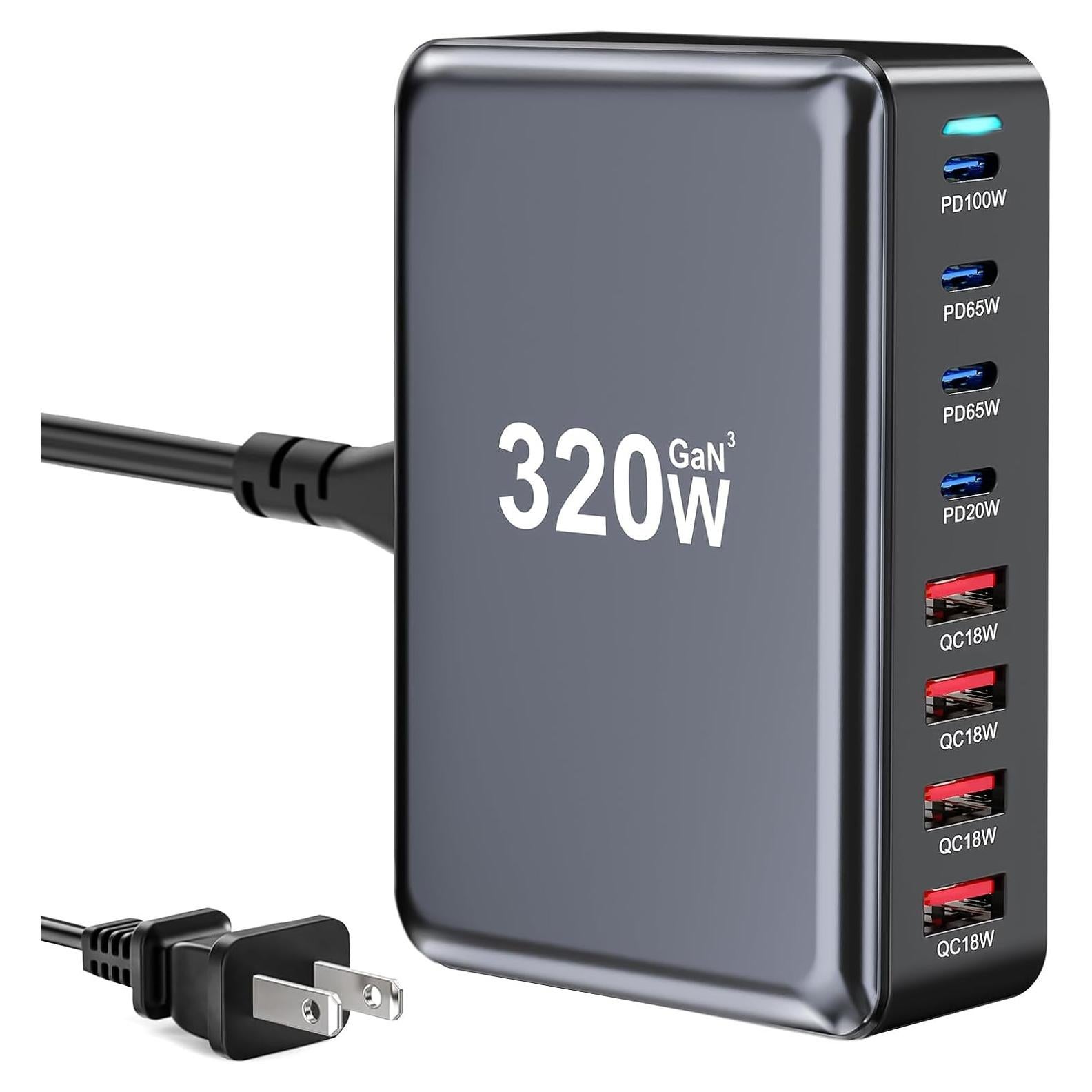 Cargador Rápido USB-C 320W 8 Puertos GaN II Pro Negro