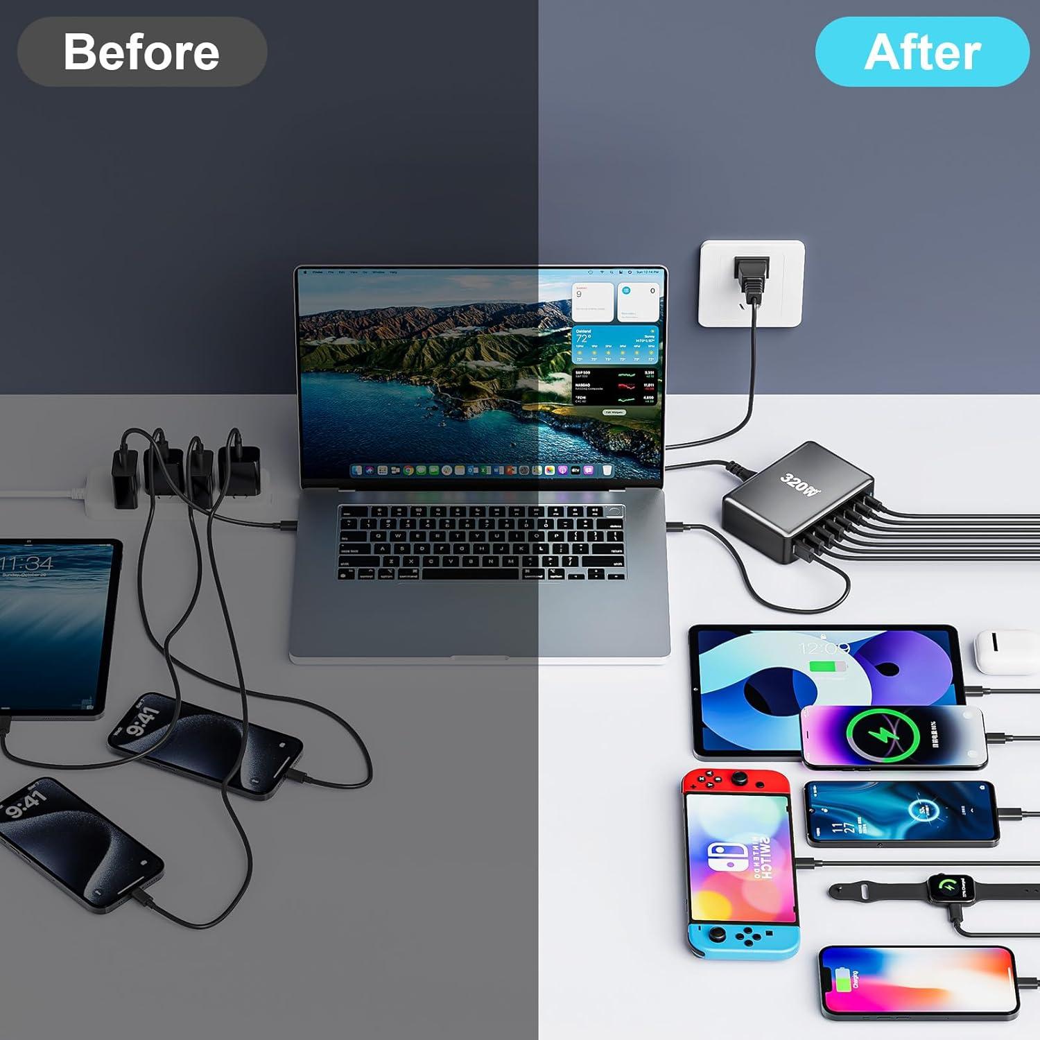 Cargador Rápido USB-C 320W 8 Puertos GaN II Pro Negro