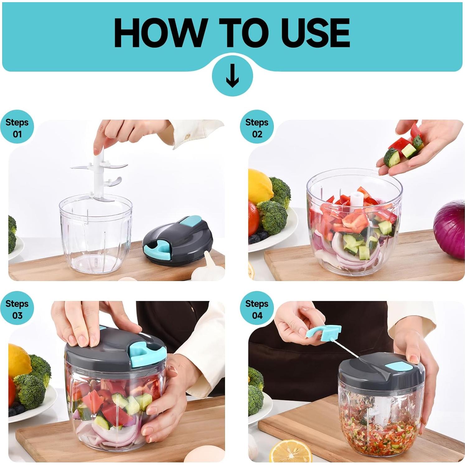 Picador de Verduras Manual Ziweaye 900ml Azul-Gris Apto Lavavajillas