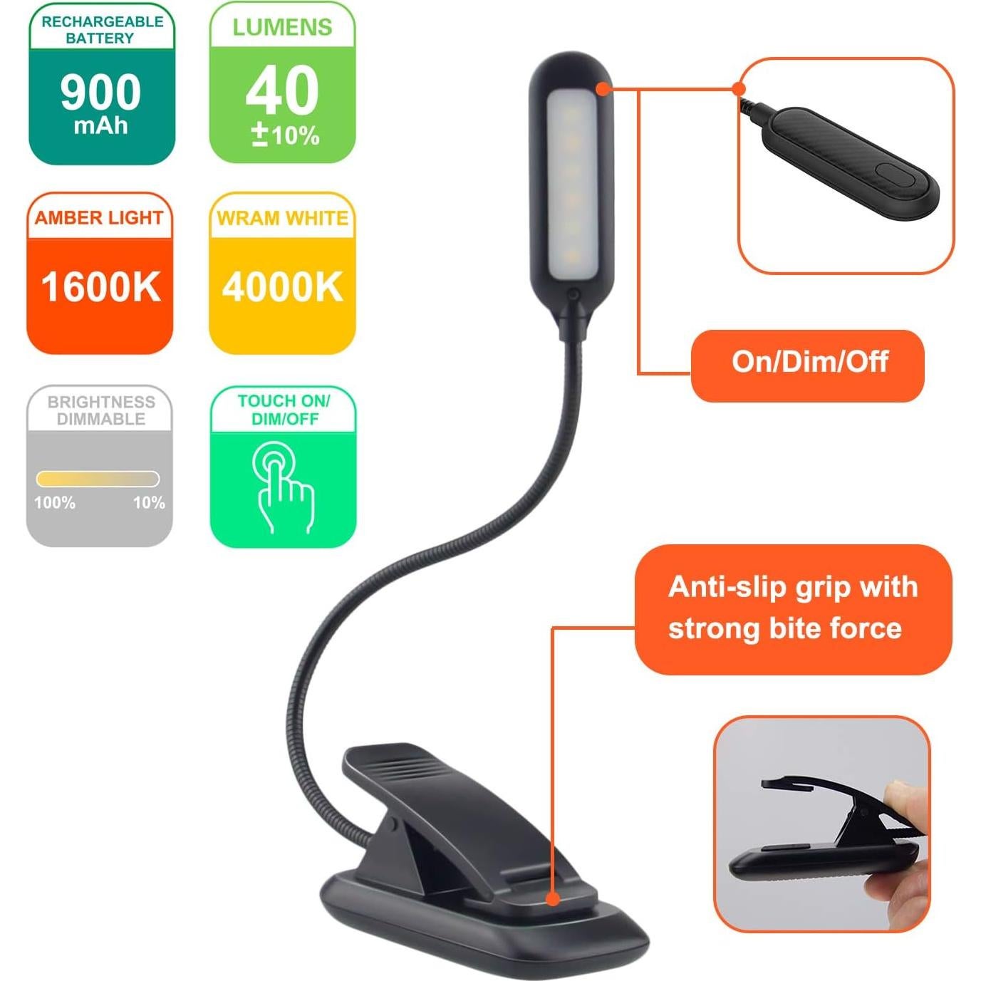 Luz de Lectura Ámbar HONWELL Recargable con Clip 2 Modos