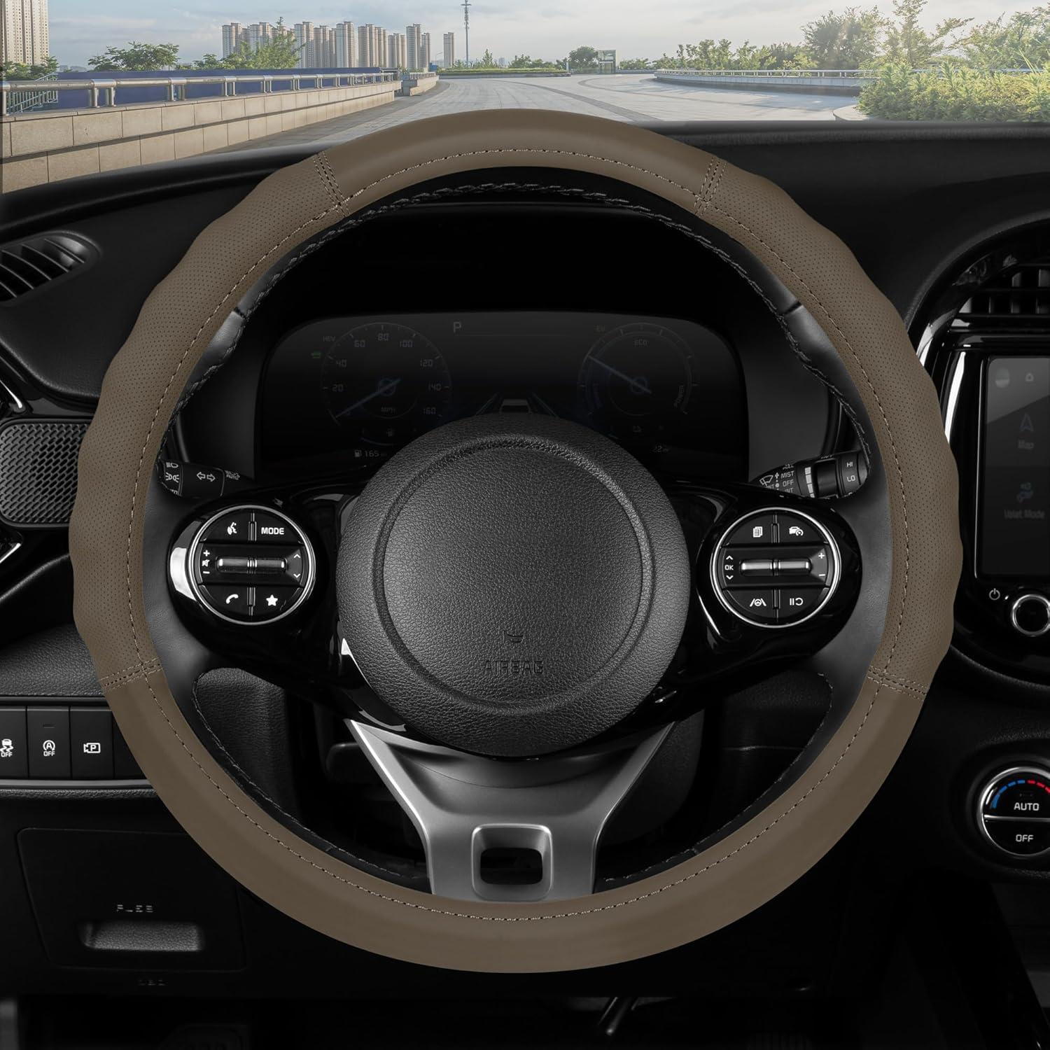 Cubierta de Volante de Cuero Beige Motor Trend SW-810 Universal