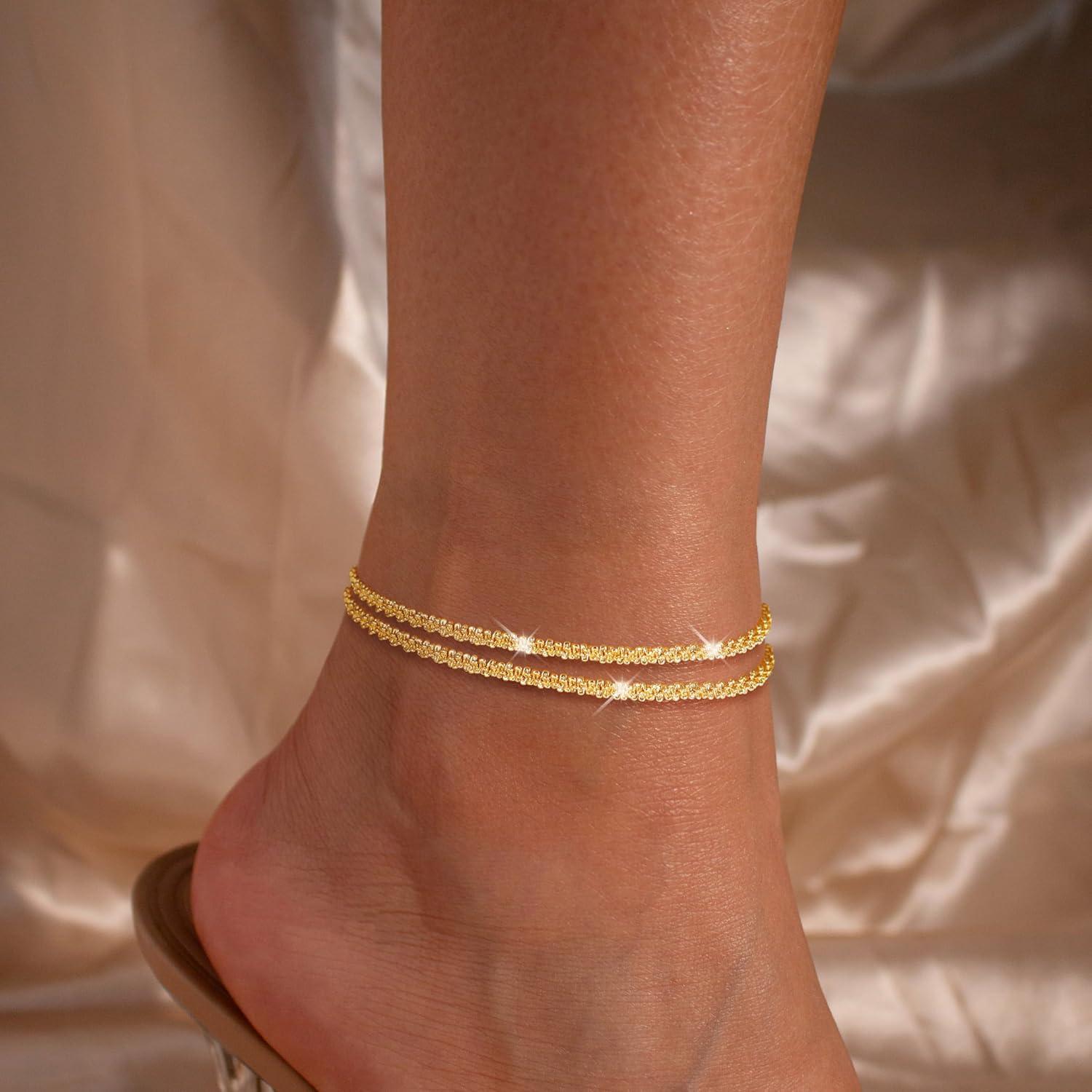 Pulsera de Tobillo Ajustable Oro 14K y Plata Esterlina