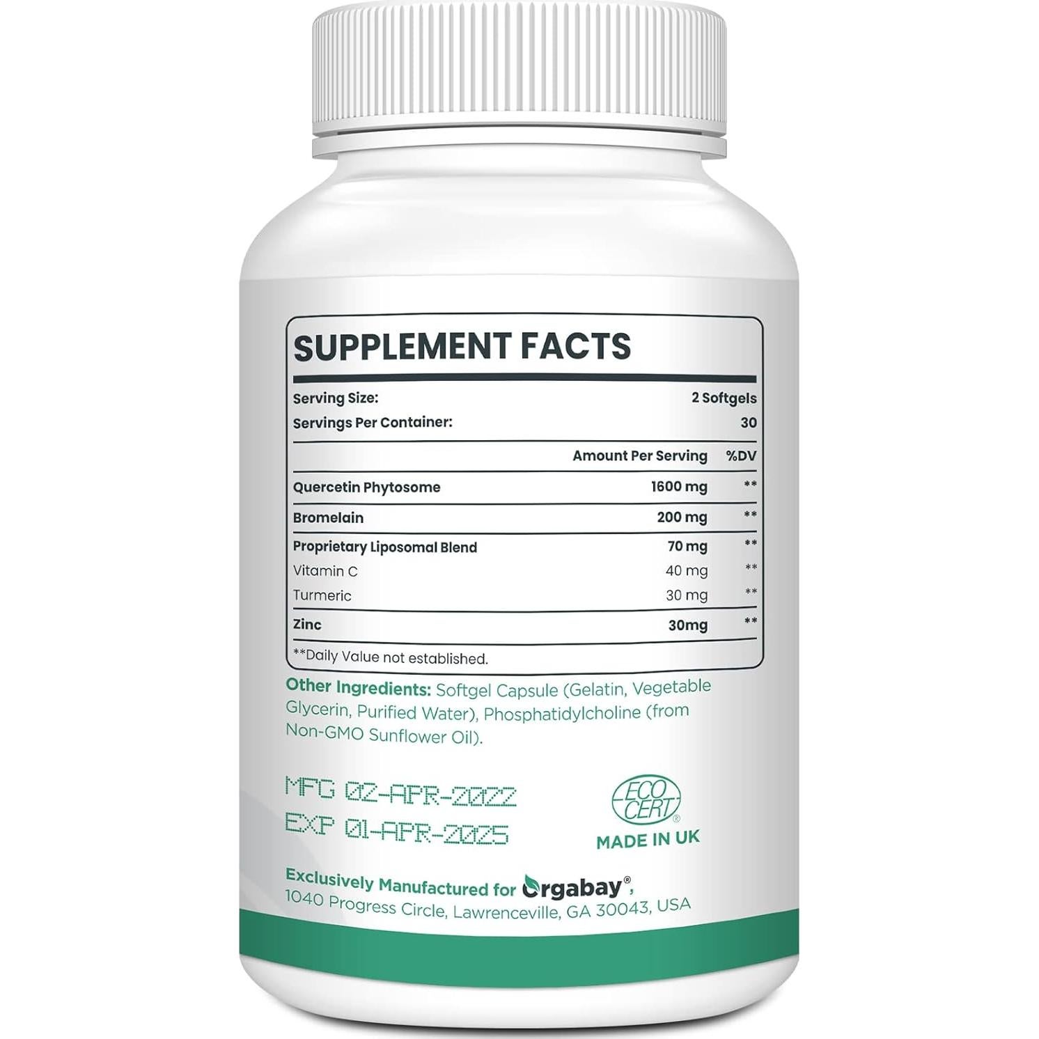 Suplemento Quercetina Liposomal Orgabay 1600 mg 60 Gelatinas