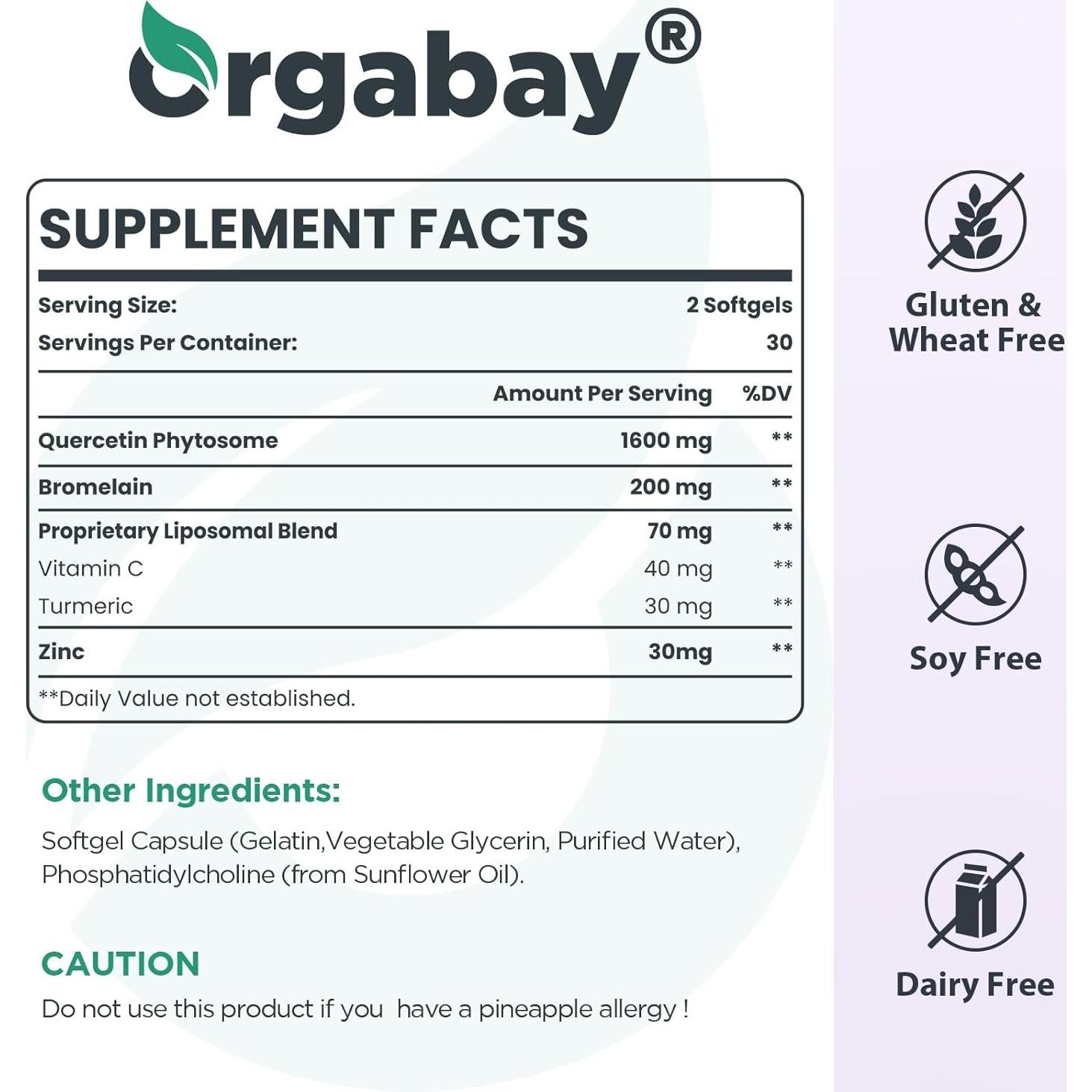Suplemento Quercetina Liposomal Orgabay 1600 mg 60 Gelatinas
