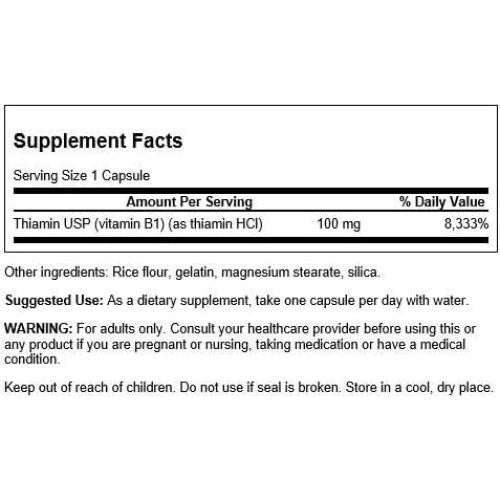 Swanson Vitamina B1 Tiamina 100mg - 250 Cápsulas Suplemento