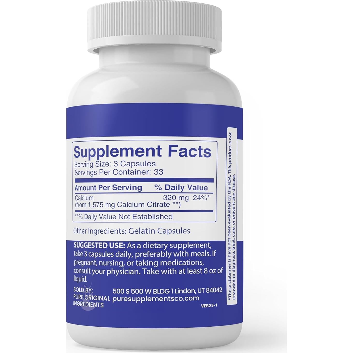 Citrato de Calcio 100 Cápsulas Ingredientes Originales Puros