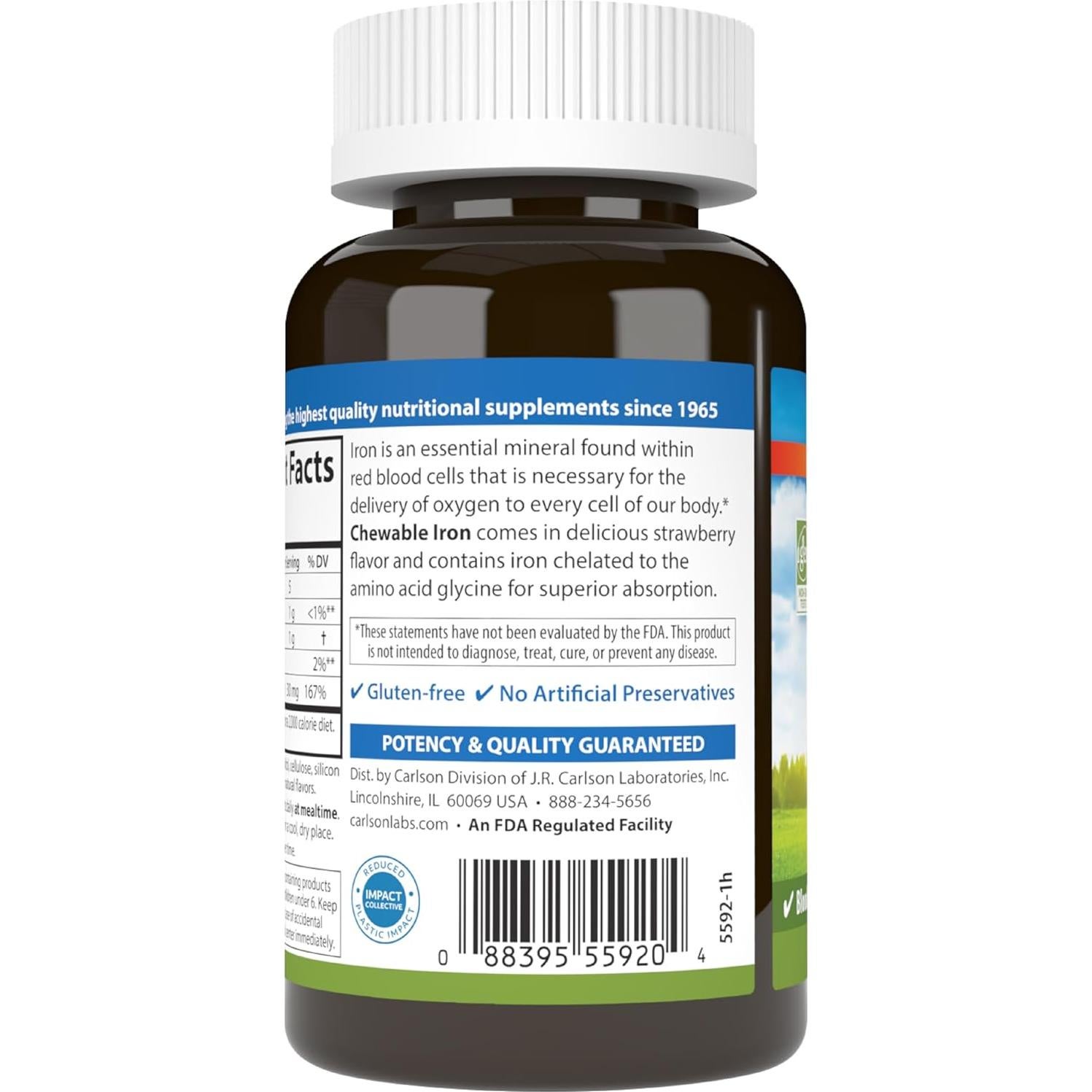 Suplemento de Hierro Masticable Carlson 30 mg Sabor Fresa 120 Tabletas