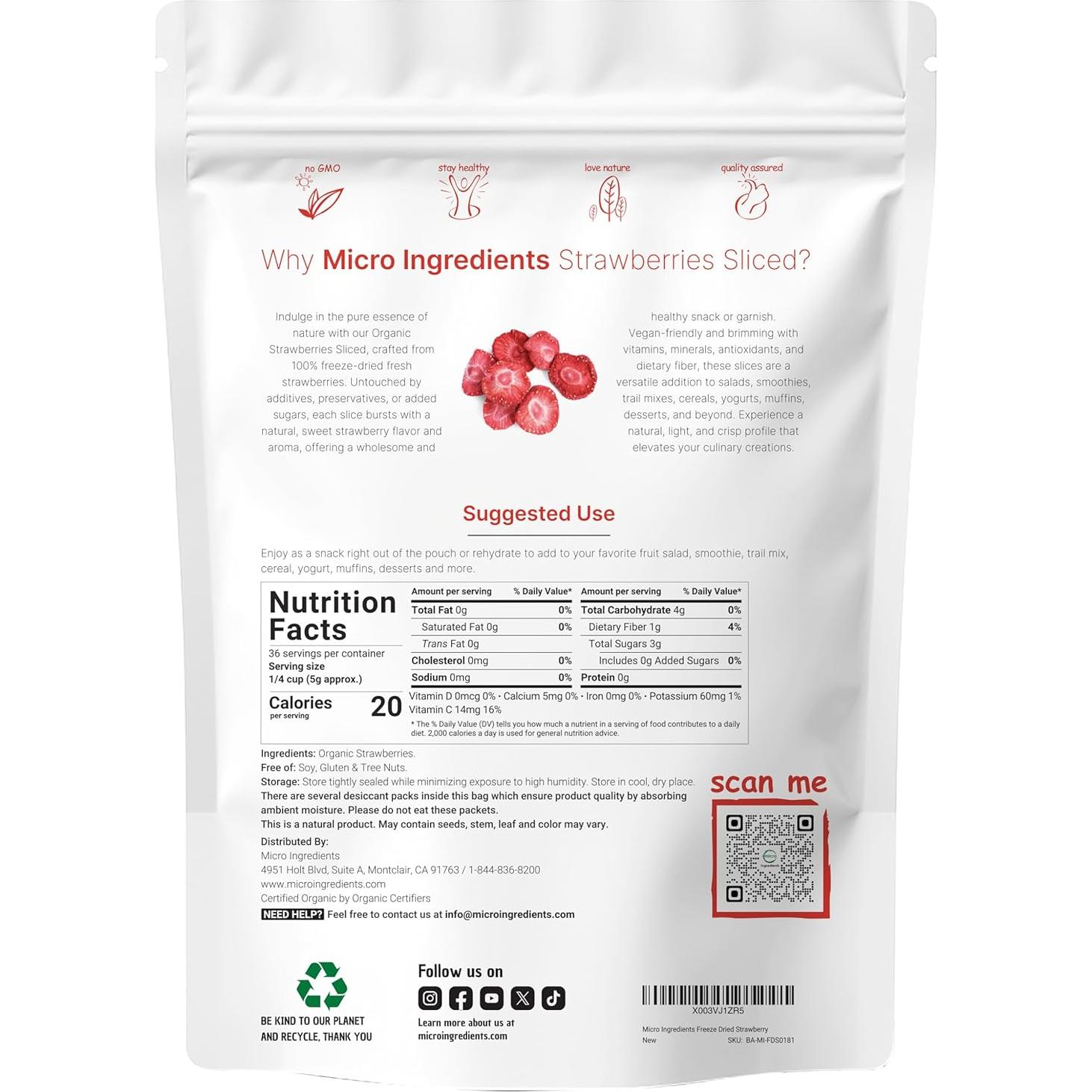 Fresas Orgánicas Liofilizadas Micro Ingredients 181g - Snack Saludable