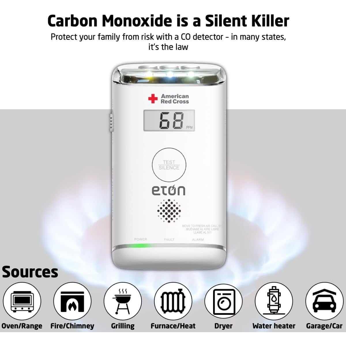 Detector de Monóxido de Carbono Eton American Red Cross con Pantalla LCD