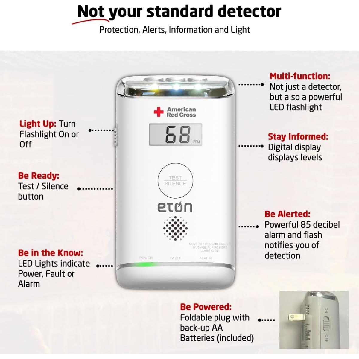 Detector de Monóxido de Carbono Eton American Red Cross con Pantalla LCD