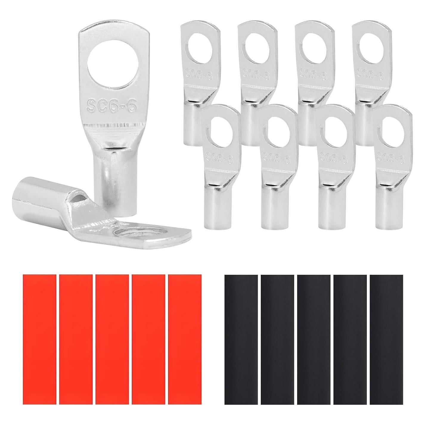 10 Terminales de Cable de Cobre Estañado SC6-6 con Tubos Termocontraíbles