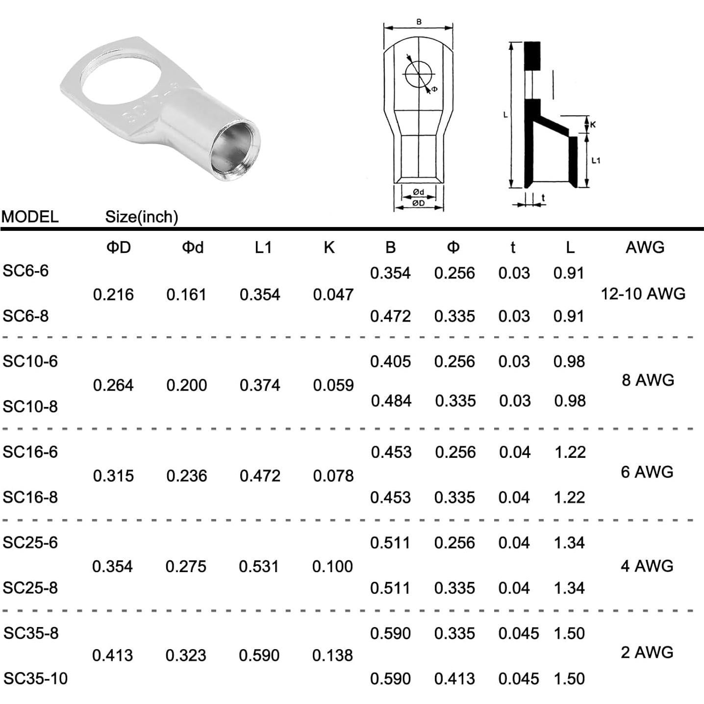10 Terminales de Cable de Cobre Estañado SC6-6 con Tubos Termocontraíbles