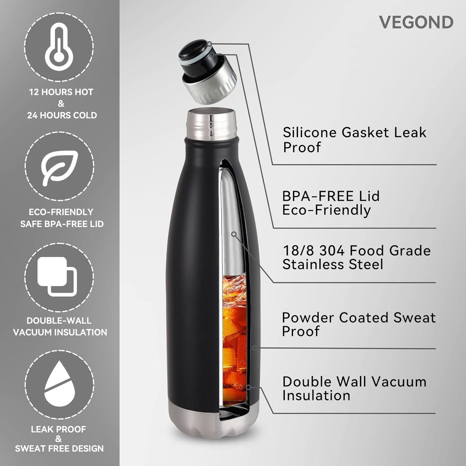 Botella de Agua Aislada VEGOND 500ml Acero Inoxidable Negro