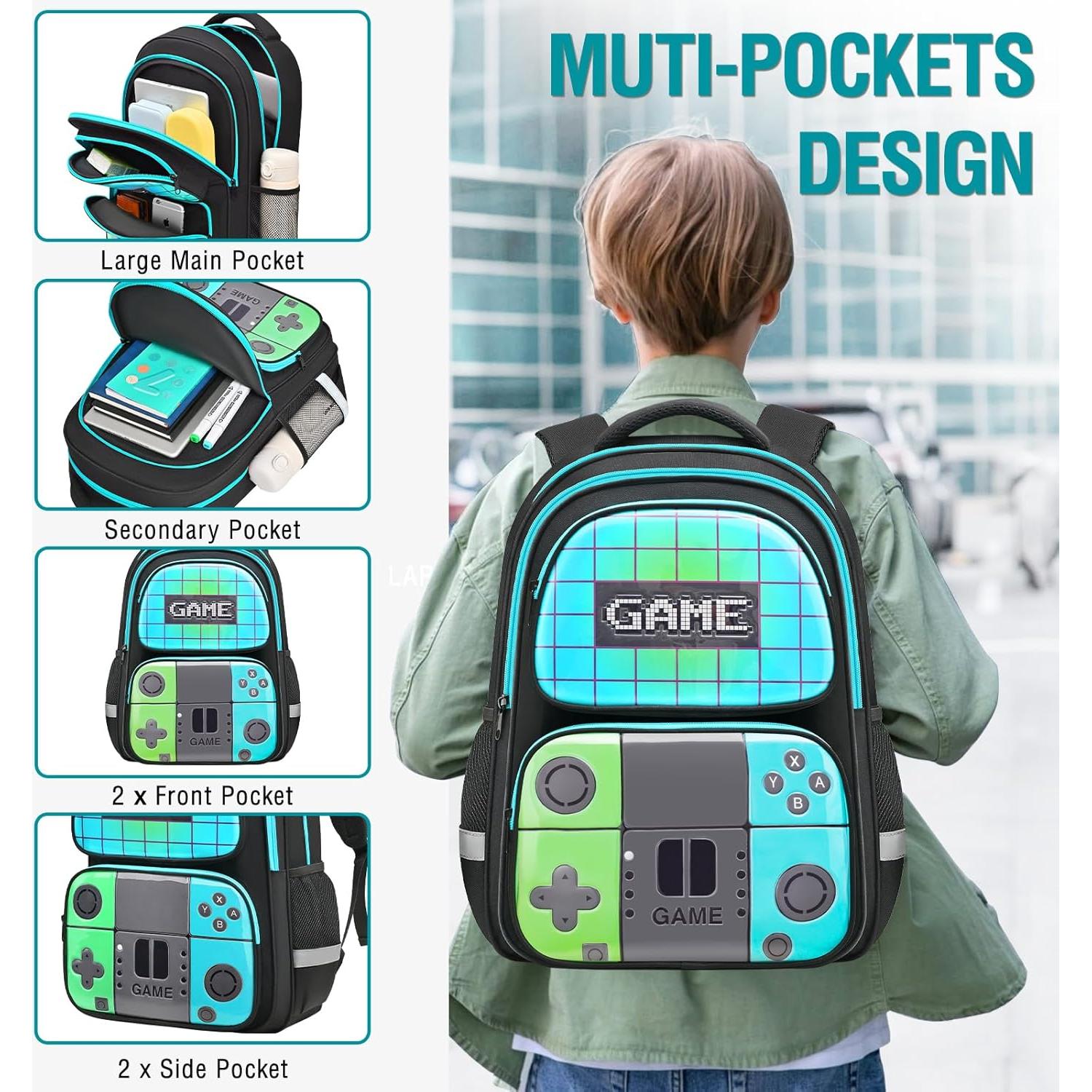 Mochila Escolar TFAUR Gamer 43.9 cm Verde y Azul para Niños