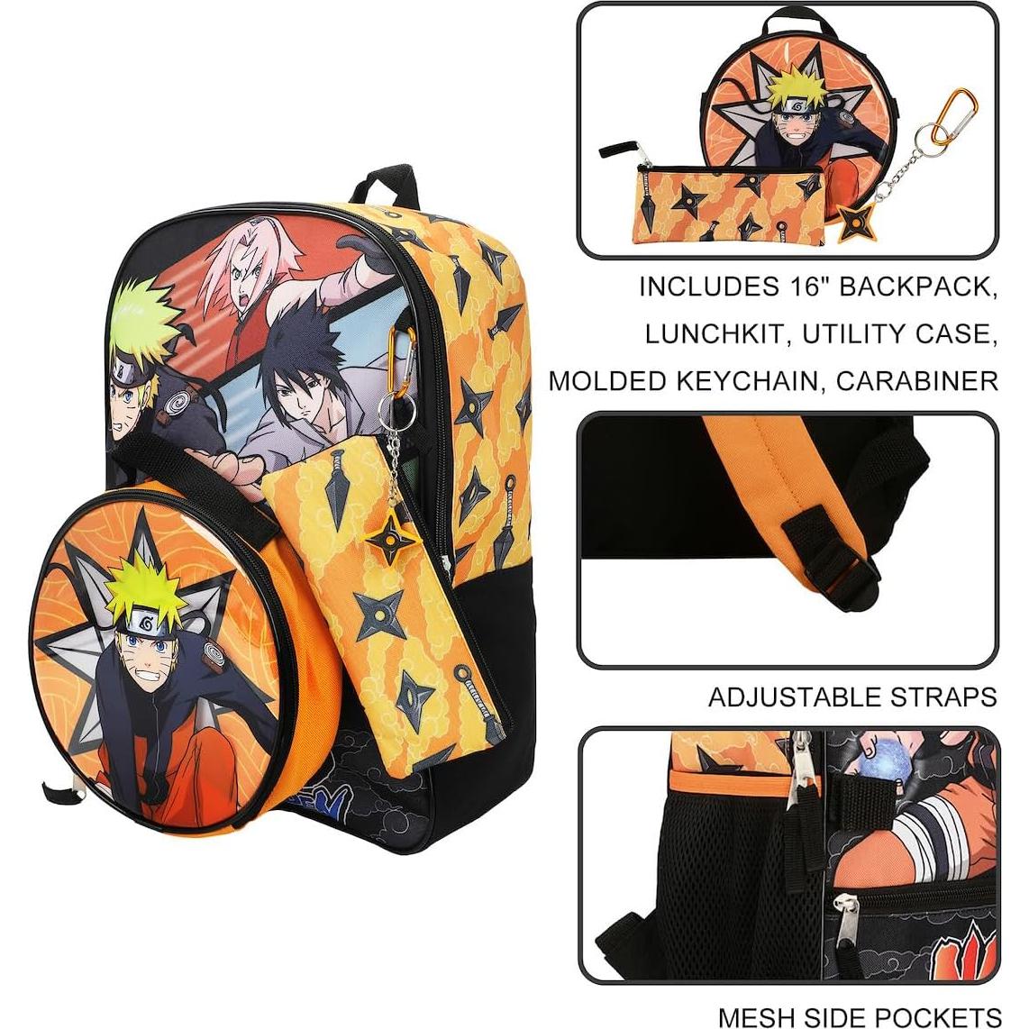 Conjunto Mochila 5 Piezas Naruto Anime Naranja y Negro