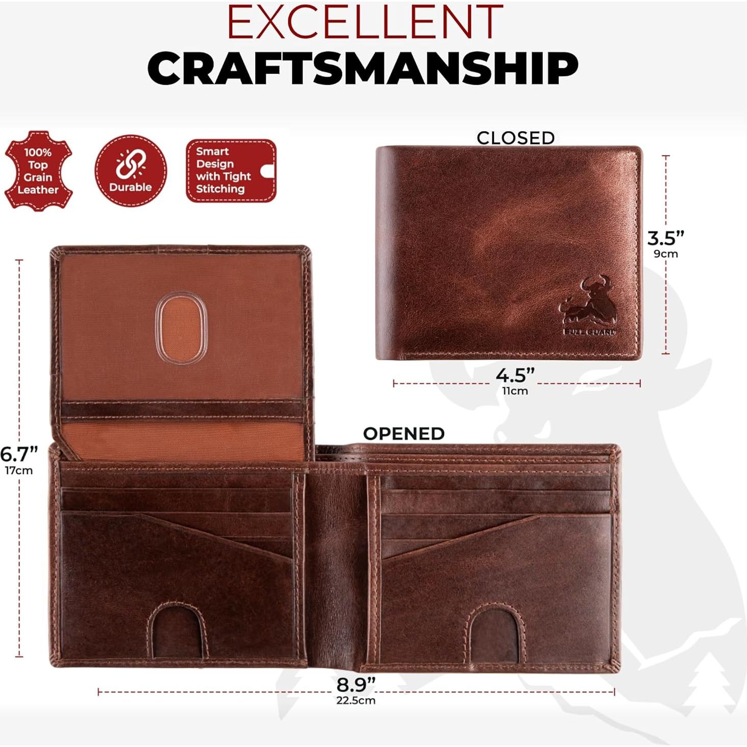 Cartera Bifold BULL GUARD de Cuero Genuino Marrón RFID 11 Tarjetas
