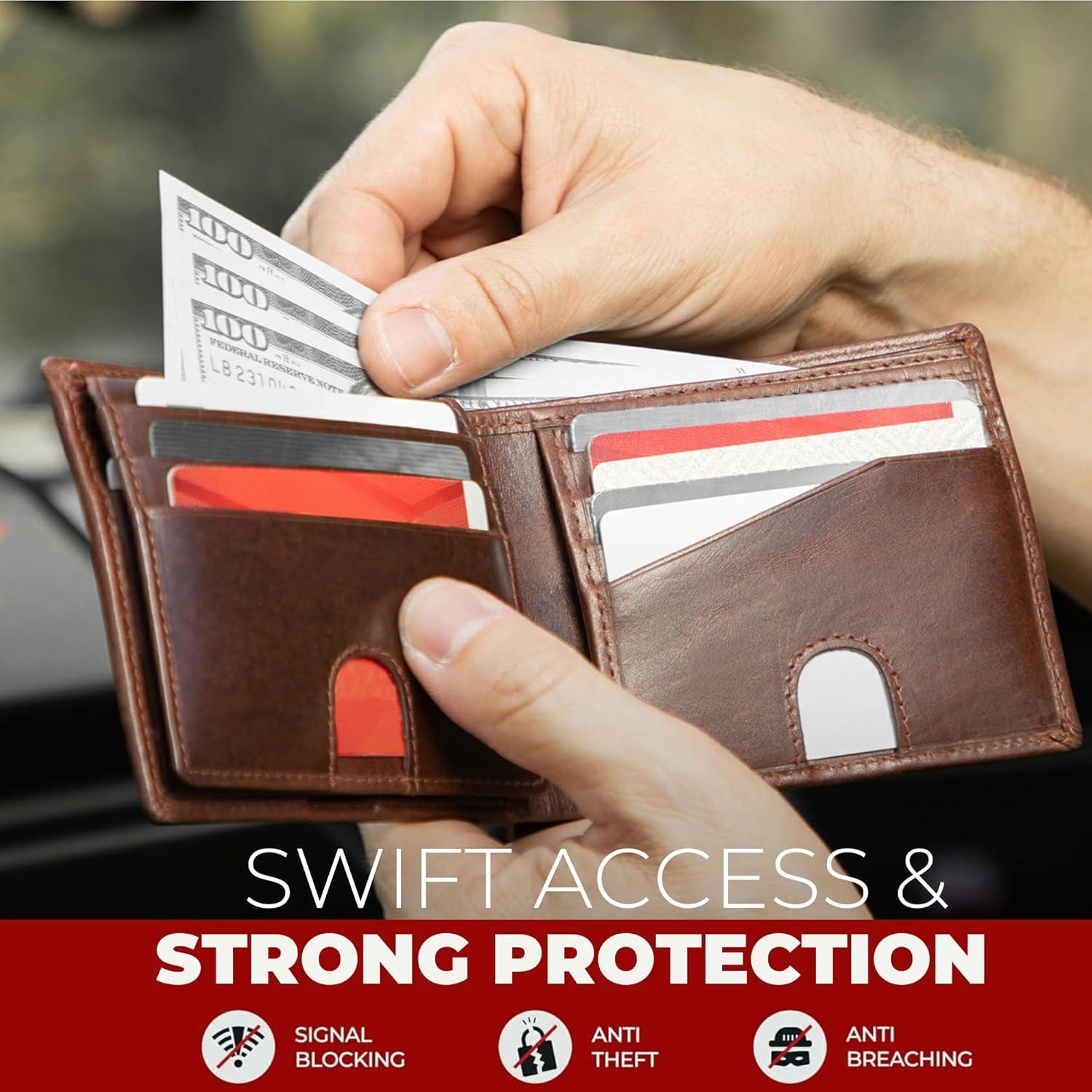 Cartera Bifold BULL GUARD de Cuero Genuino Marrón RFID 11 Tarjetas