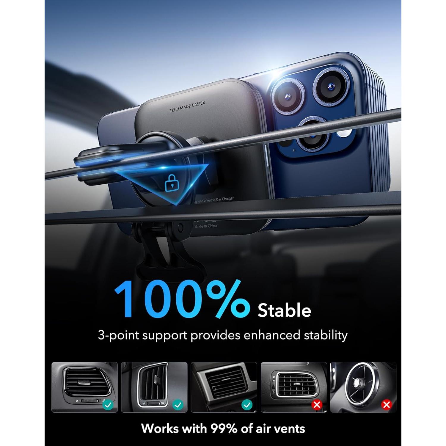 Cargador Inalámbrico MagSafe ESR 15W para Coche Negro