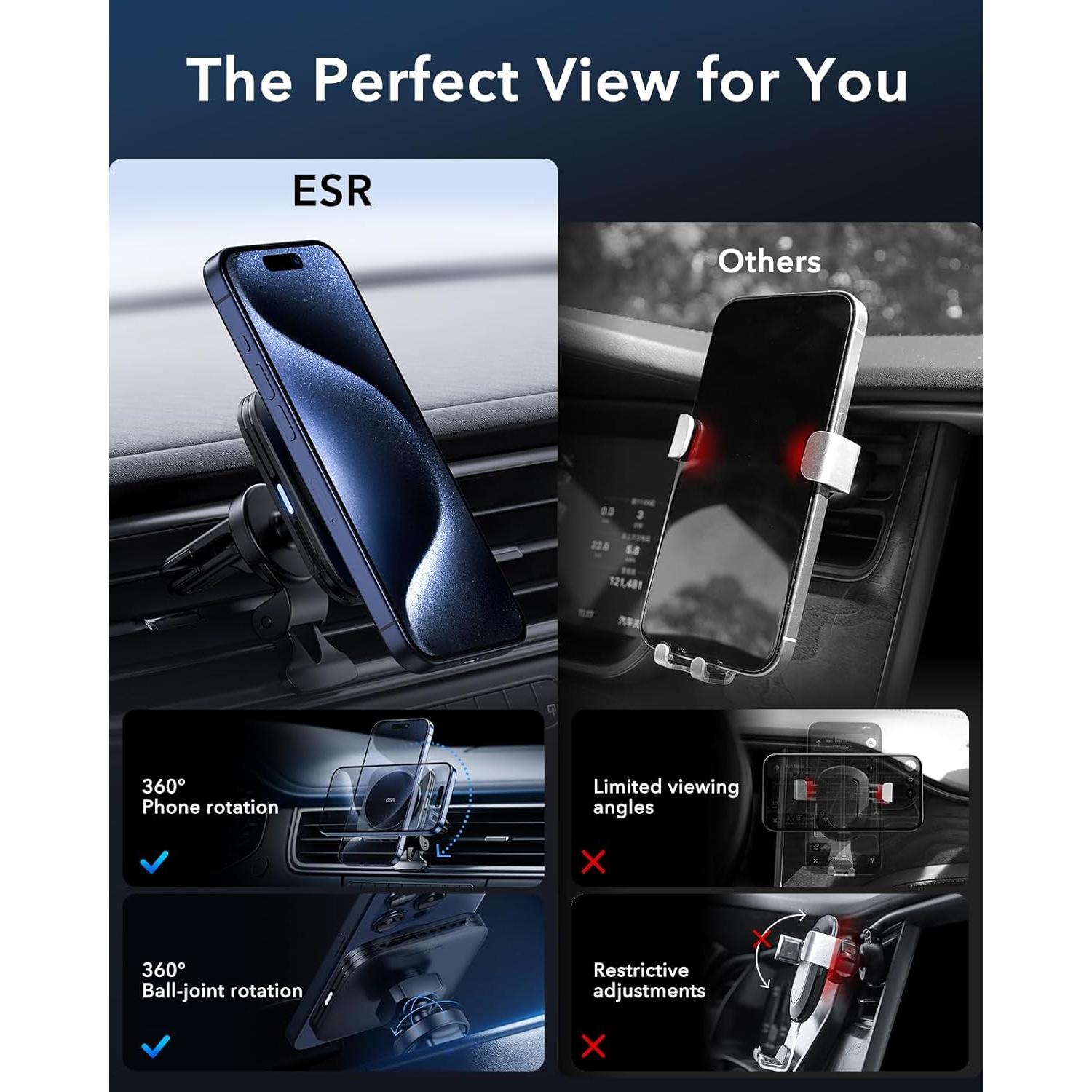 Cargador Inalámbrico MagSafe ESR 15W para Coche Negro