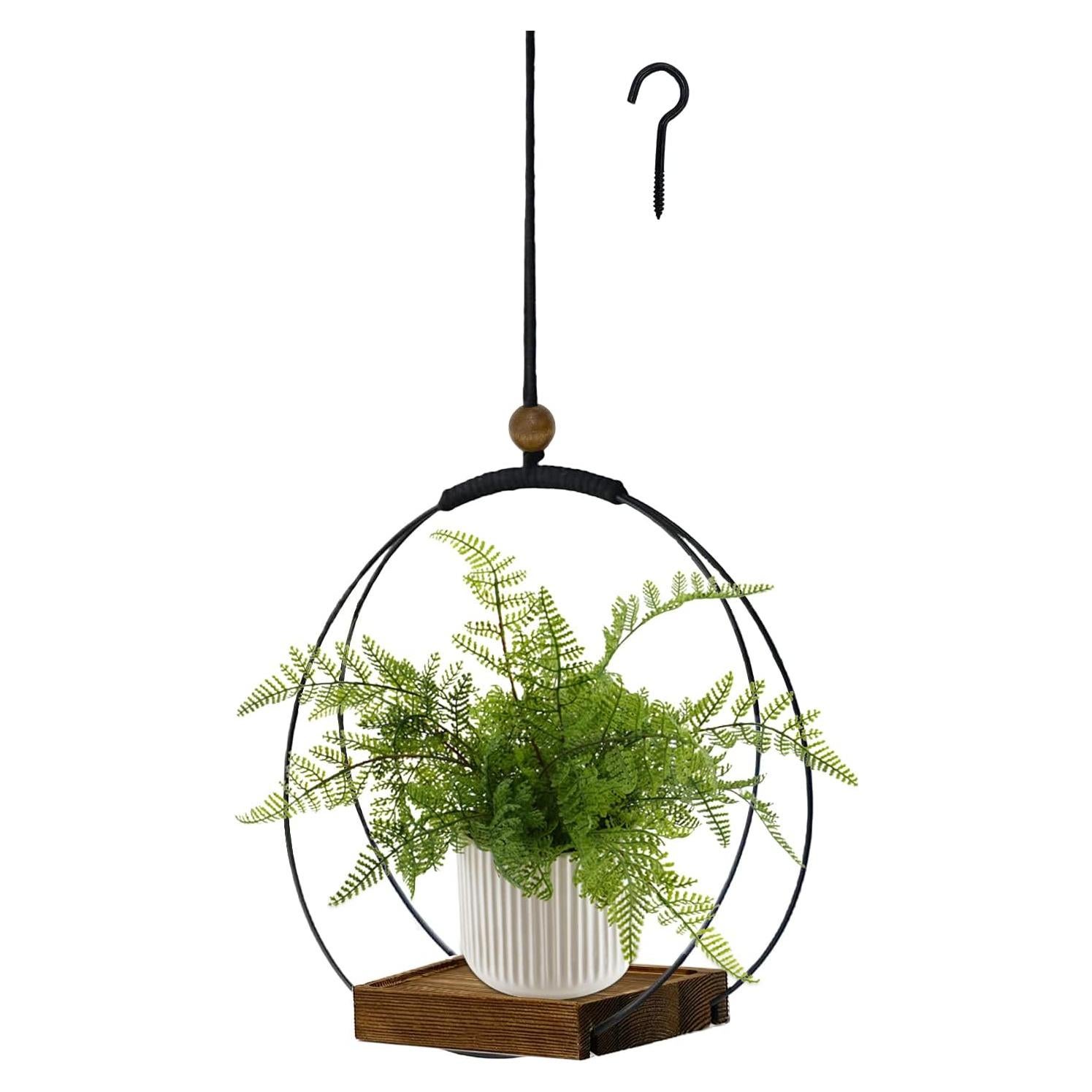 Maceta Colgante Hismocal Negra con Base de Madera 30 cm