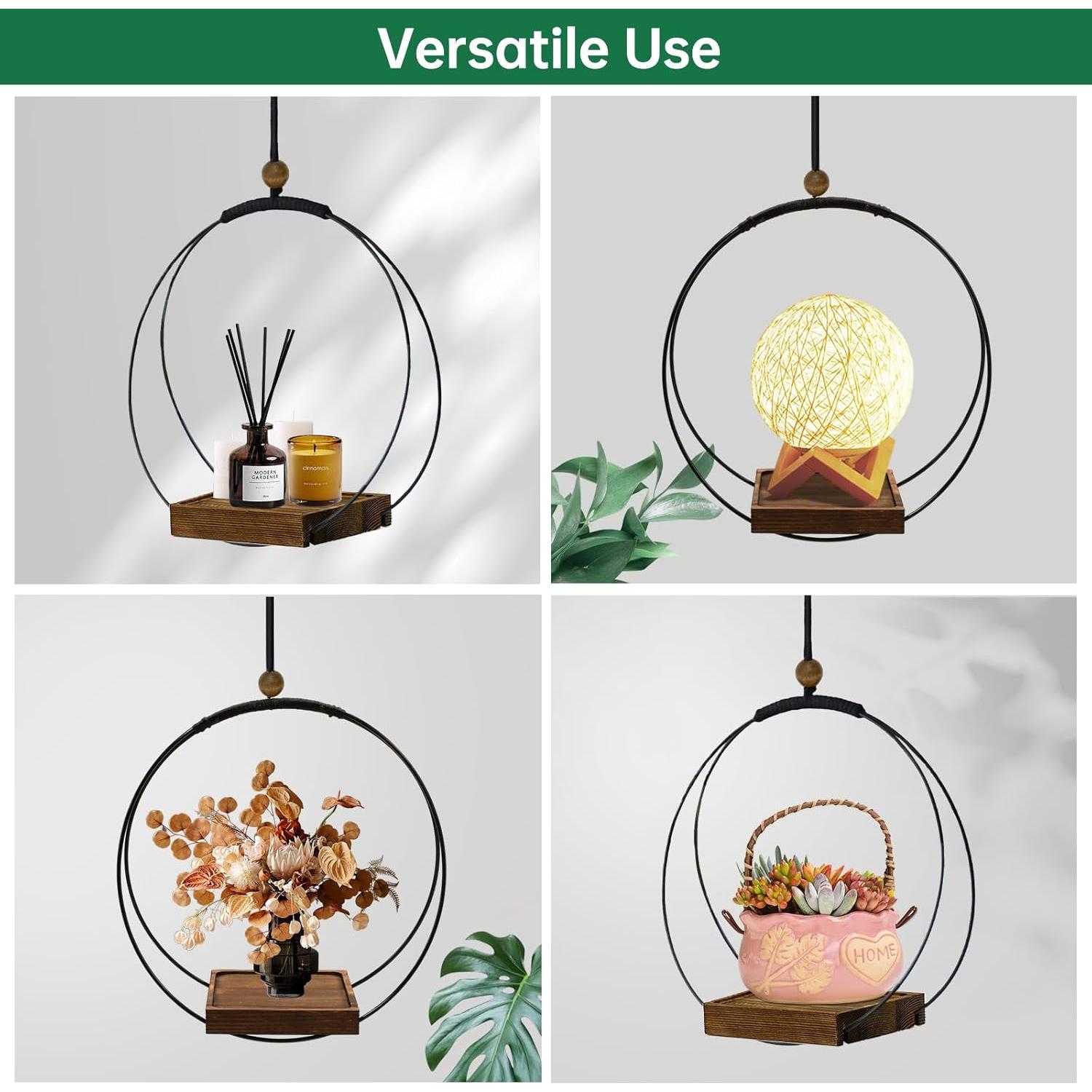 Maceta Colgante Hismocal Negra con Base de Madera 30 cm