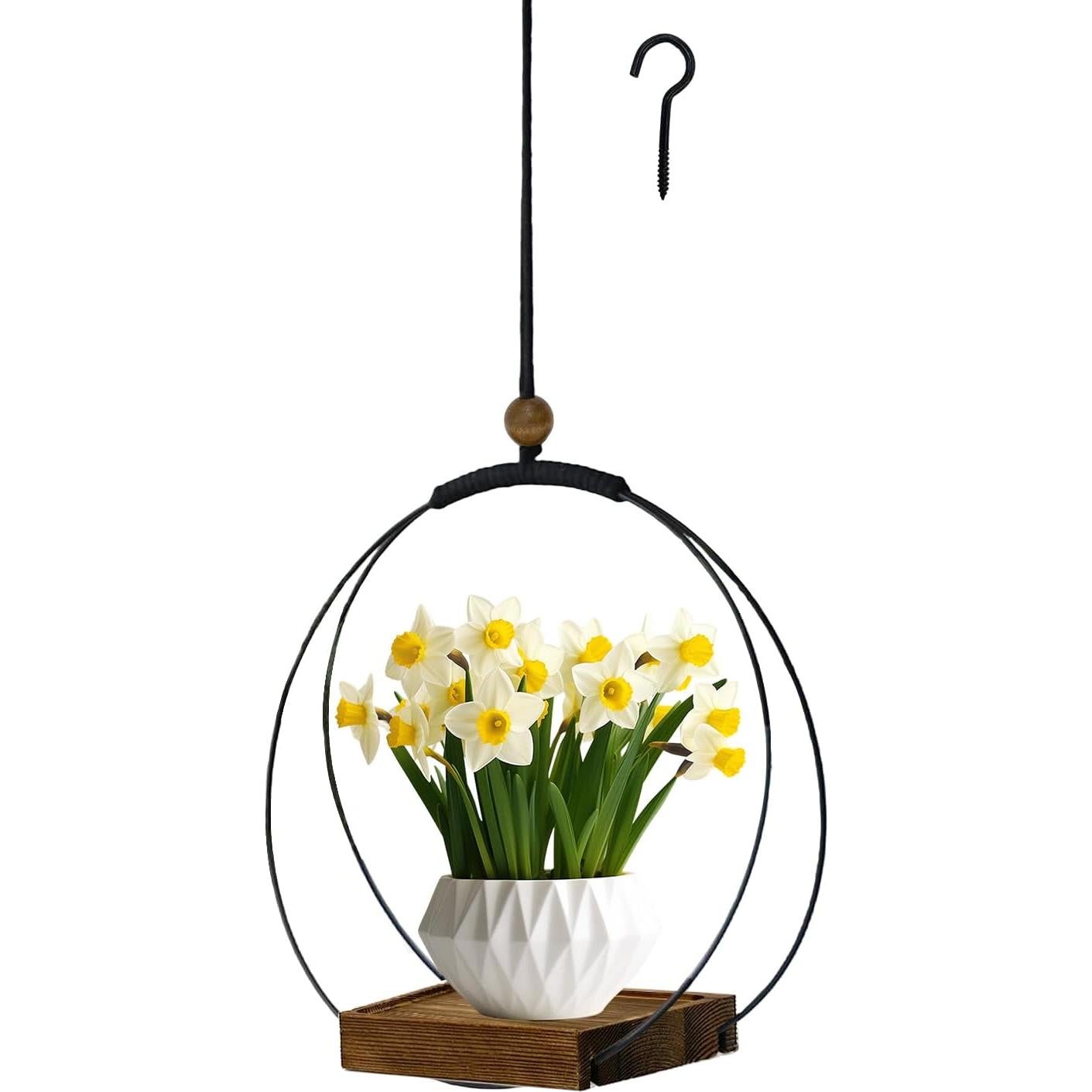 Maceta Colgante Hismocal Negra con Base de Madera 30 cm