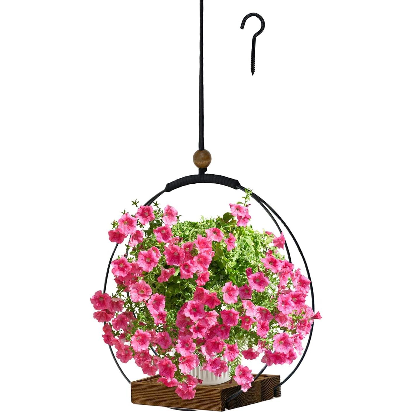 Maceta Colgante Hismocal Negra con Base de Madera 30 cm