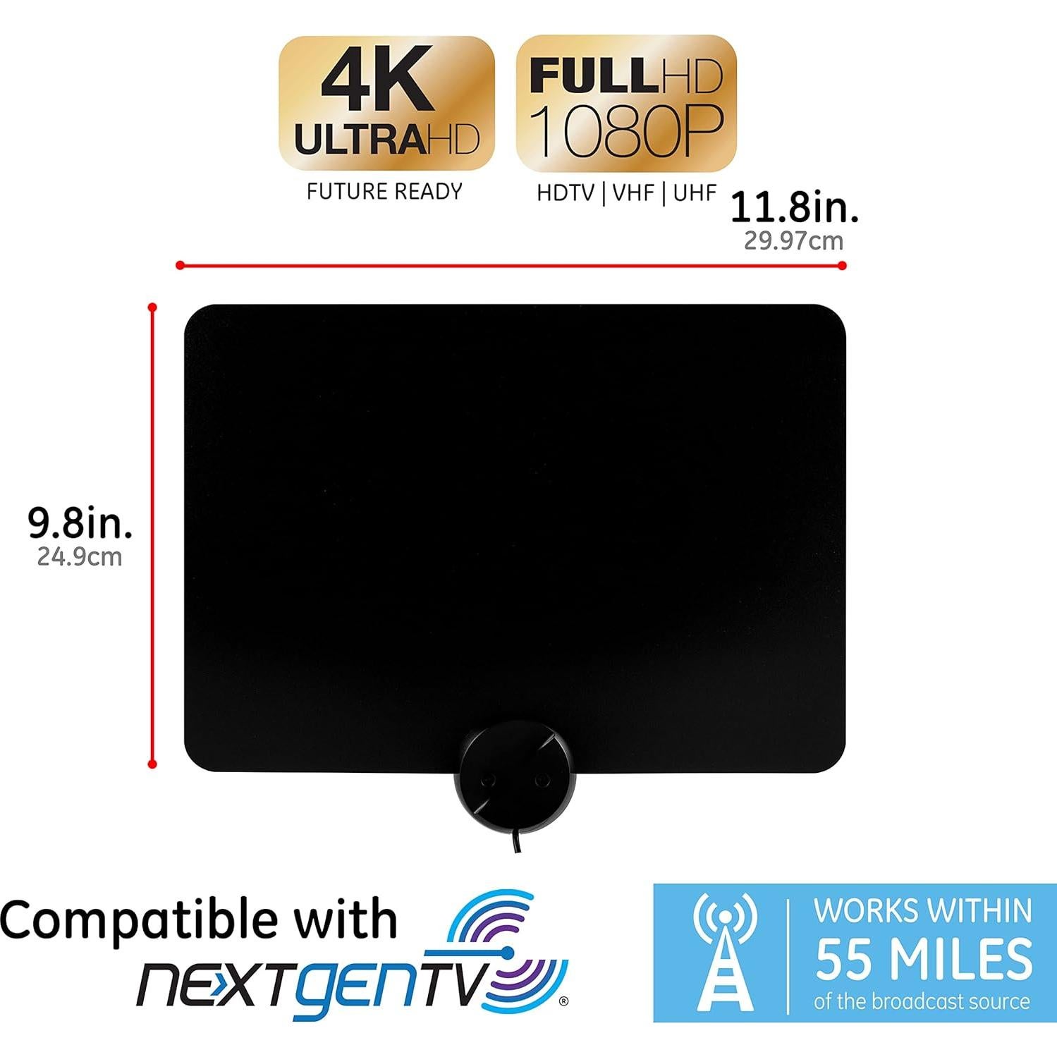 Antena de TV Amplificada GE Ultra Fina 4K 1080P Interior