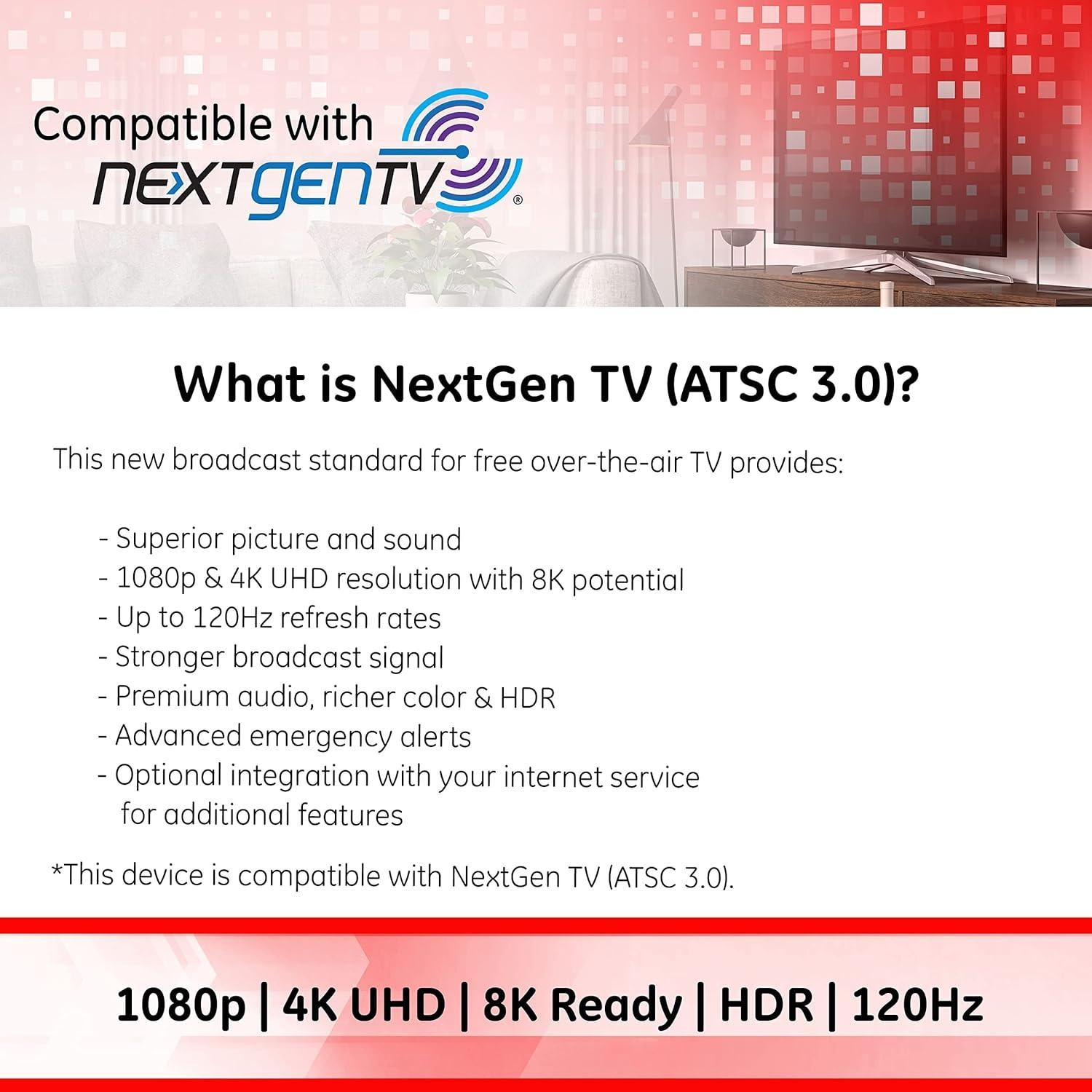 Antena de TV Amplificada GE Ultra Fina 4K 1080P Interior