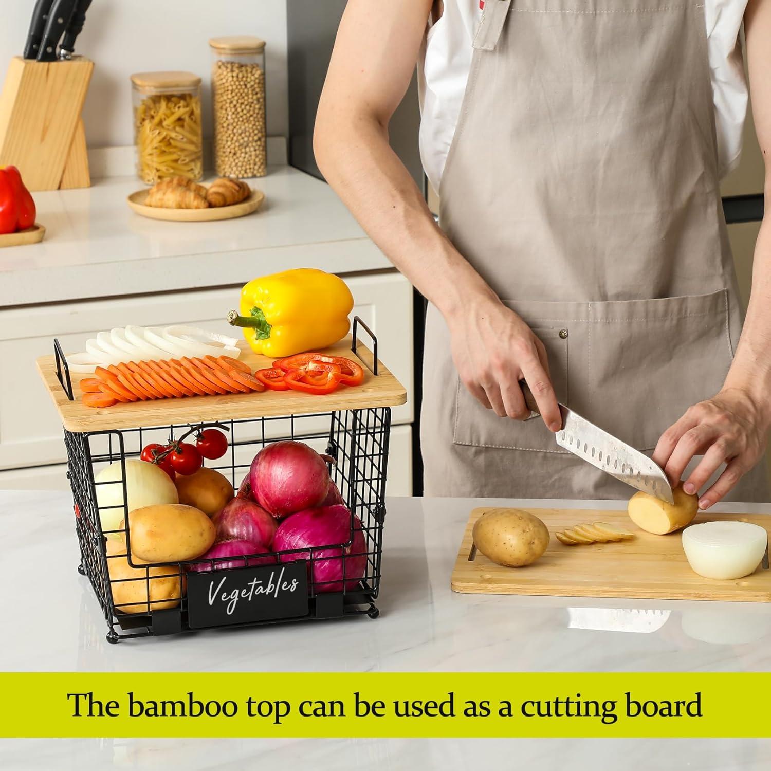 Cesta Apilable Grande AOZITA con Tapa de Bambú - Organizador Multiuso