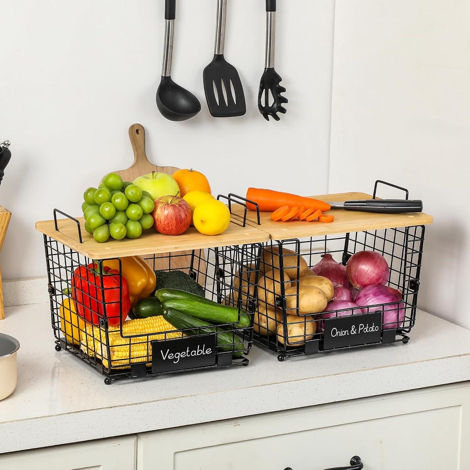 Cesta Apilable Grande AOZITA con Tapa de Bambú - Organizador Multiuso