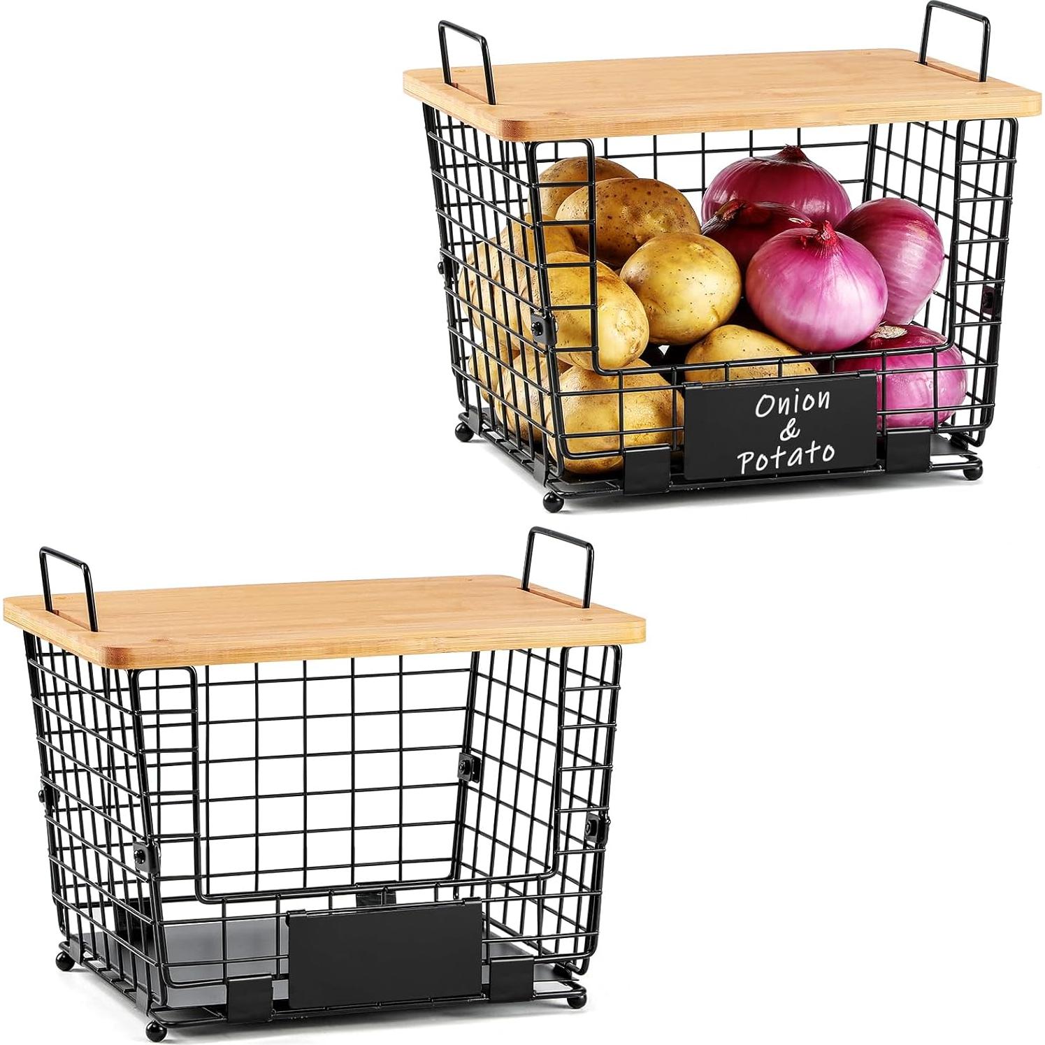 Cesta Apilable Grande AOZITA con Tapa de Bambú - Organizador Multiuso