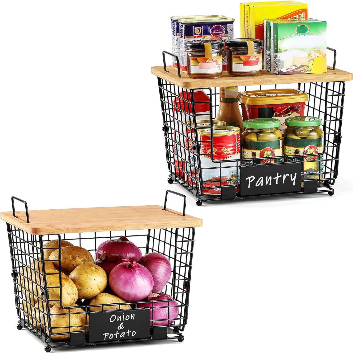 Cesta Apilable Grande AOZITA con Tapa de Bambú - Organizador Multiuso