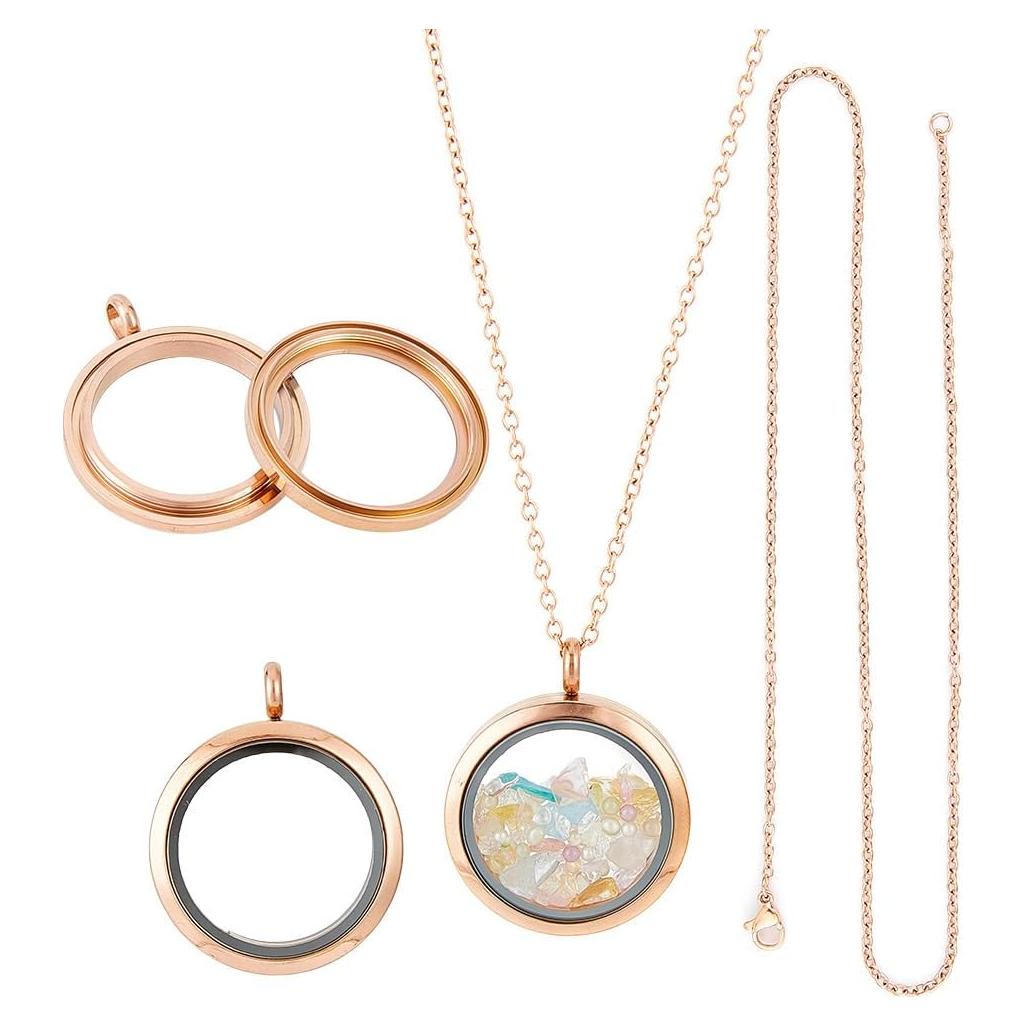 4 Colgantes de Foto Locket Oro Rosa DELORIGIN con Cadena 45 cm