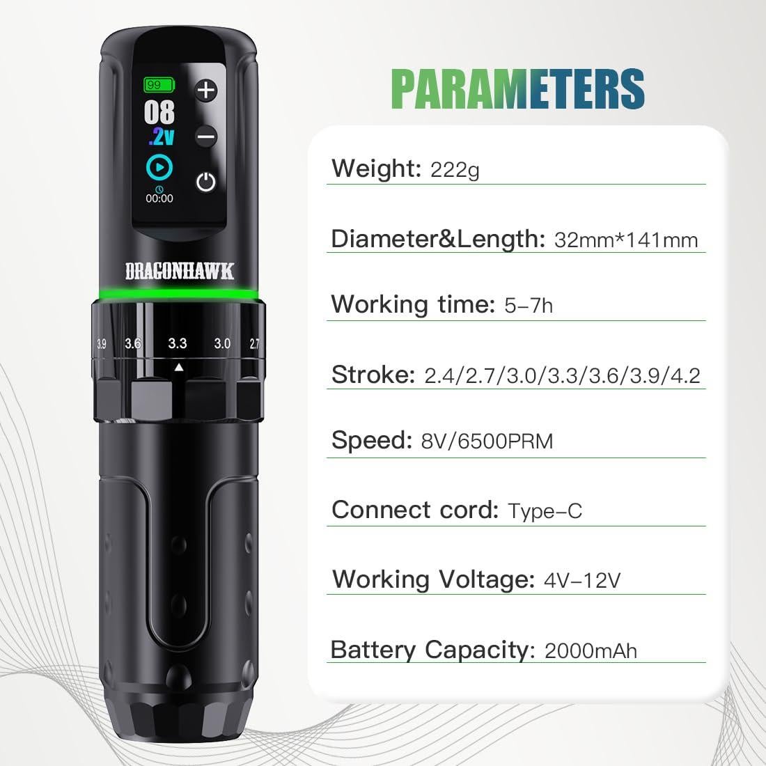 Máquina de Tatuaje Inalámbrica Dragonhawk L3 140mm 233g